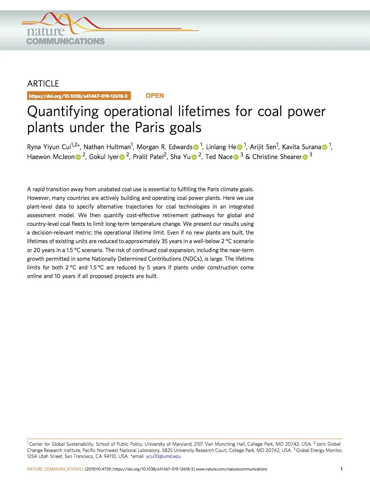 Quantifying operational lifetimes for coal power plants under the Paris goals