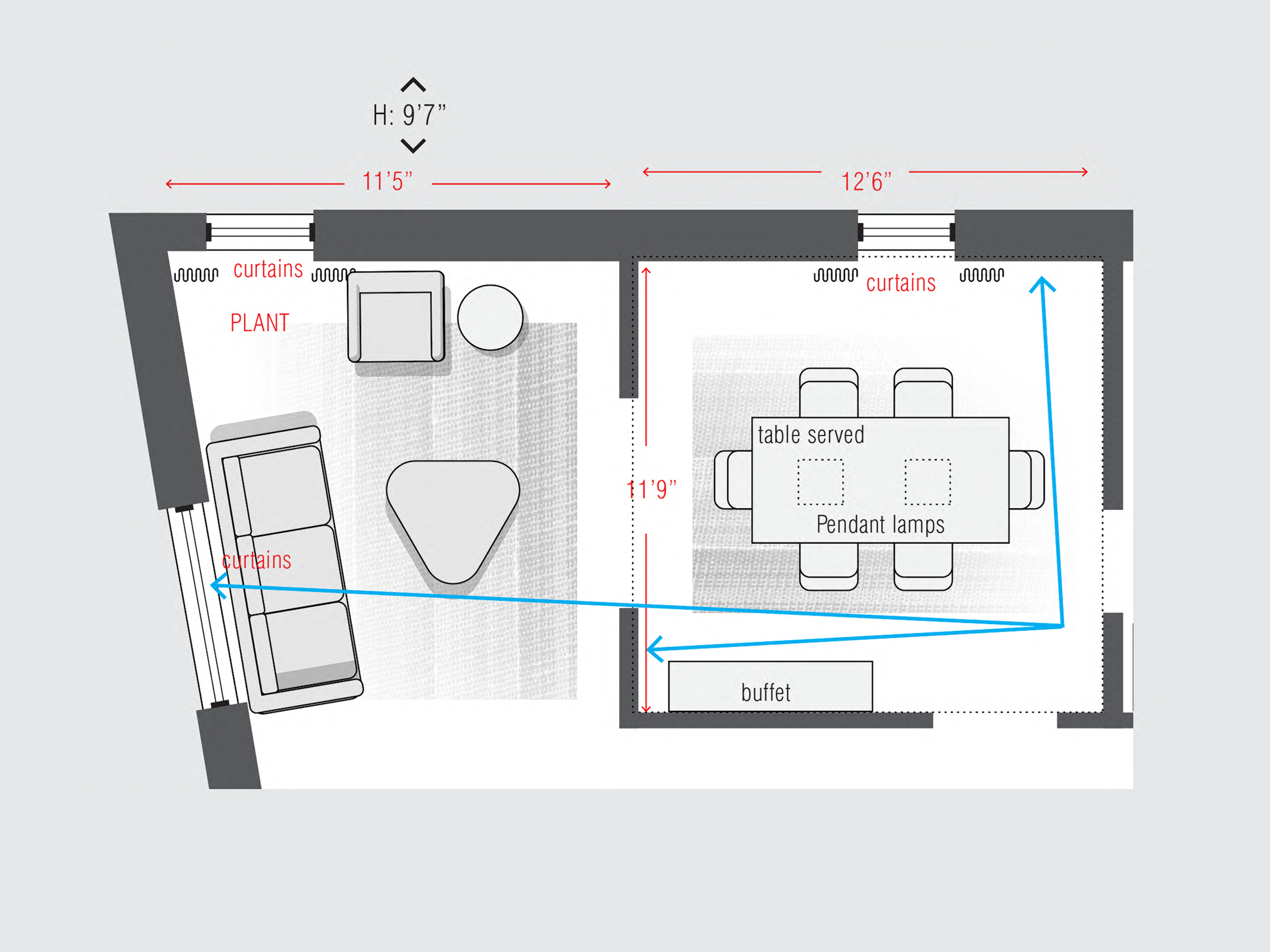 The furniture layout uses the actual dimensions to illustrate an efficient use of the available space.