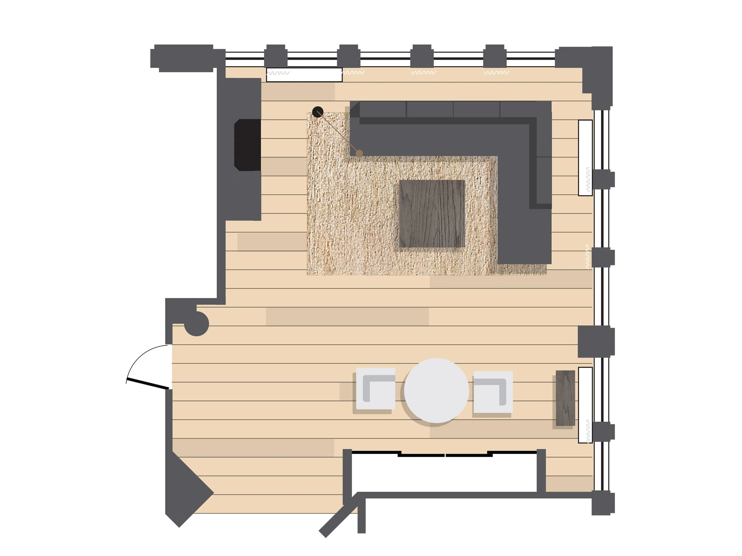 The furniture layout uses the actual dimensions to illustrate an efficient use of the available space.