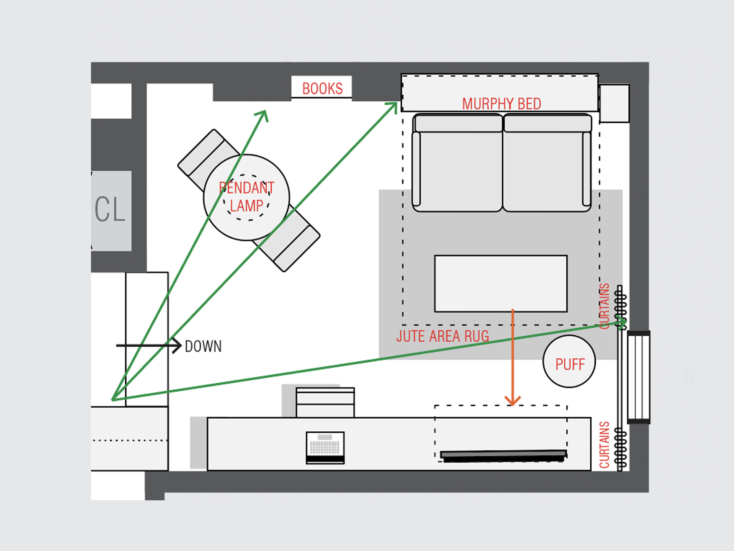 The furniture layout uses the actual dimensions to illustrate an efficient use of the available space.