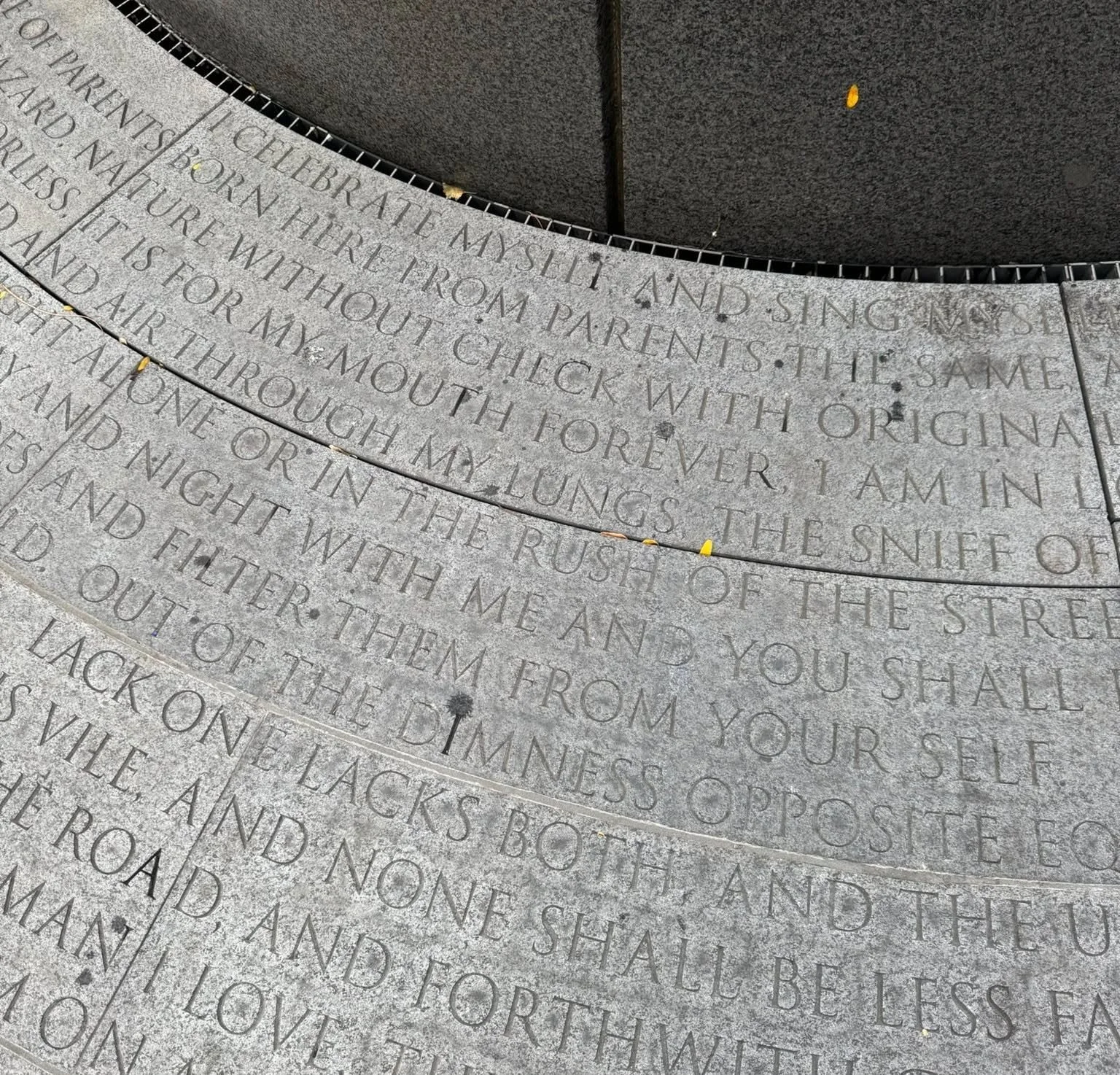 "My respiration and inspiration, the beating of my heart, the passing of blood and air through my lungs." — excerpt from "Song of Myself," by American poet Walt Whitman, inscribed in the pavers below the steel canopy of #NYC