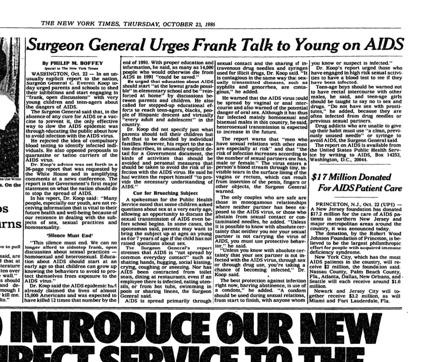 “In an unusually explicit report to the nation, Surgeon General C. Everett Koop today urged parents and schools to shed their inhibitions and start engaging in ‘frank, open discussions’ with very young children and teenagers about t