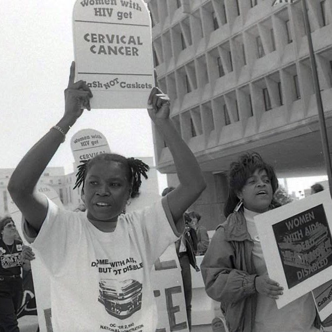 Katrina Haslip (pictured left) was an influential AIDS educator and activist who played an essential role in the campaign to change the criteria for government recognition of AIDS to include symptoms uniquely experienced by women. While incarcerated,