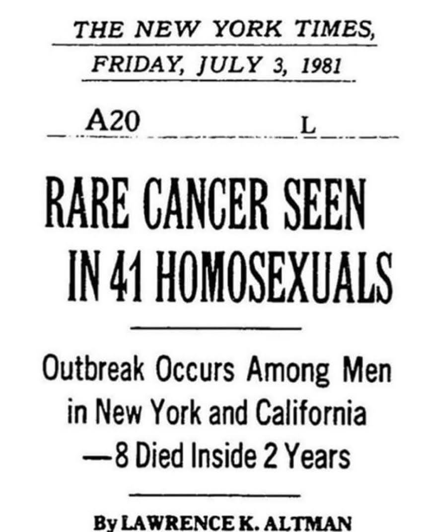 45 years ago today. The New York Times runs a short article: "Rare cancer seen in 41 homosexuals."⁠ The people who were dying at the time (and we now know had been dying for decades before) were young and otherwise healthy and, despite the 