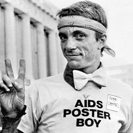 AIDS POSTER BOY. When Bobbi Campbell, a Registered Nurse in San Francisco, tested positive for AIDS, he posted a public notice &mdash; including pictures of his lesions known as Kaposi sarcoma, then abbreviated as KS. The poster in the window of Cast