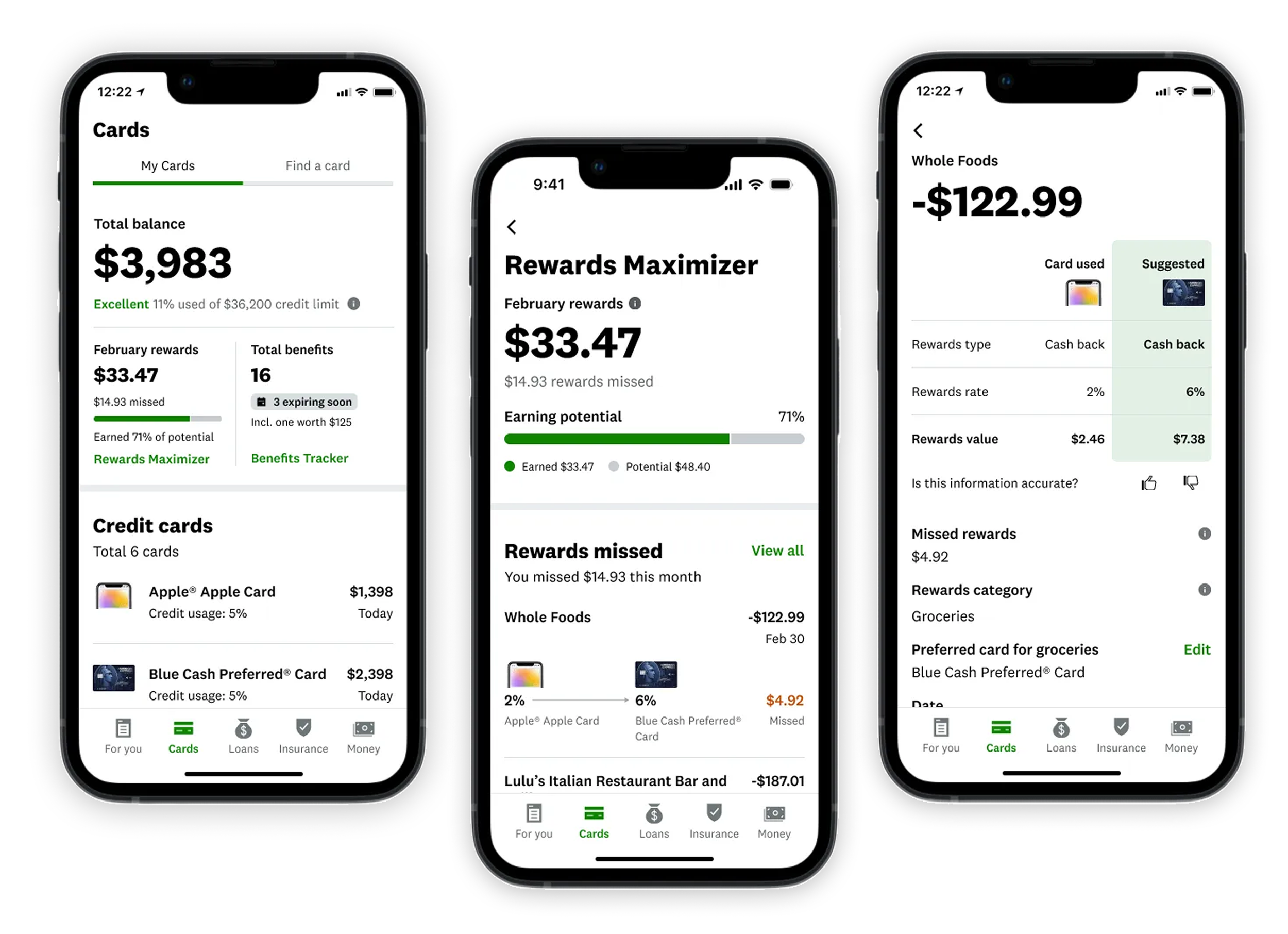 Three iPhones displaying a rewards and budgeting app with card balances, rewards, and savings details.