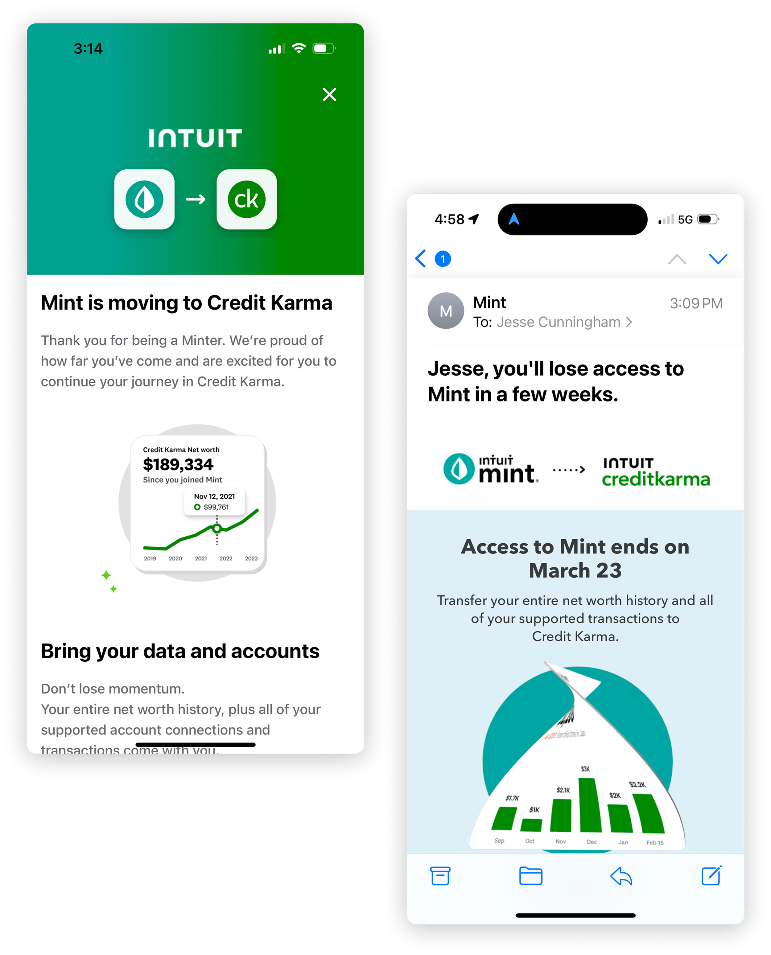 Screenshots of emails and app notifications related to Mint and Credit Karma, showing account status, net worth, and upcoming access expiration.