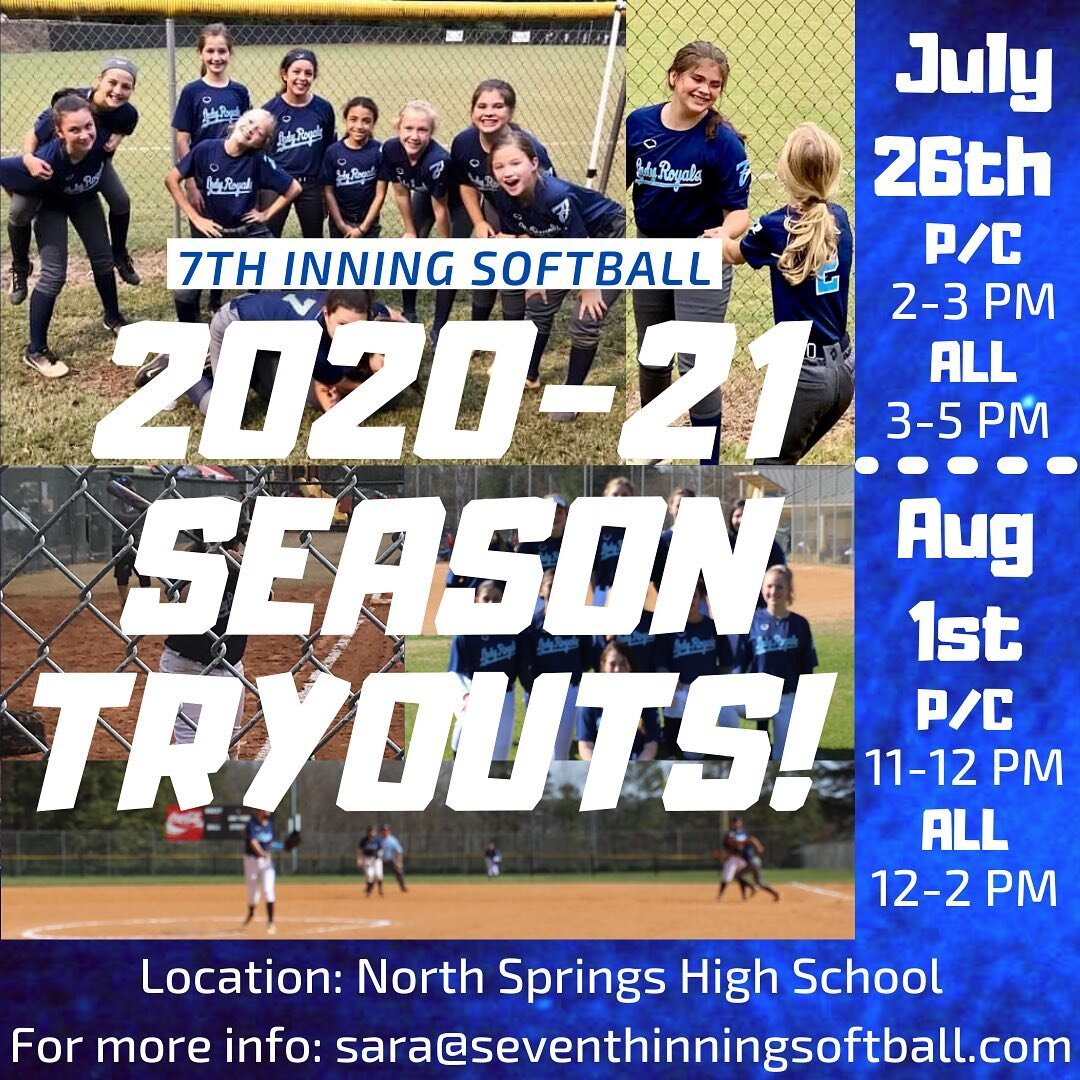 🔥🔹🥎 TRYOUTS ARE HERE 🥎🔹🔥 Seventh Inning Softball will be holding Tryouts for 12U, 14U, and 16U teams on July 26th and August 1st for the 2020-21 Season! Check out the link in our bio for more information!