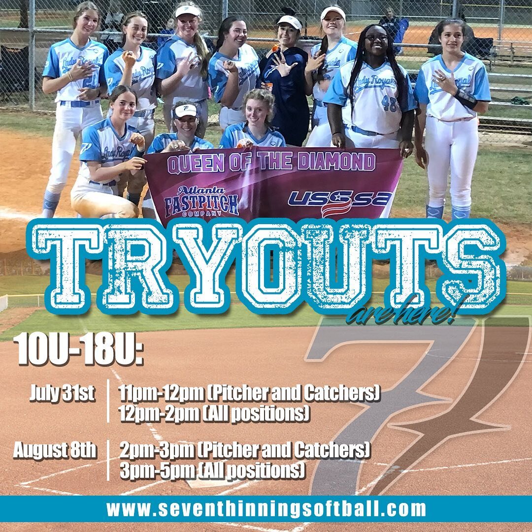 🚨🚨TRYOUTS ARE HERE🚨🚨 The Seventh Inning Lady Royals will be hosting tryouts on 7/31 and 8/8 at North Springs High School. Follow the link in our bio to register!!!
