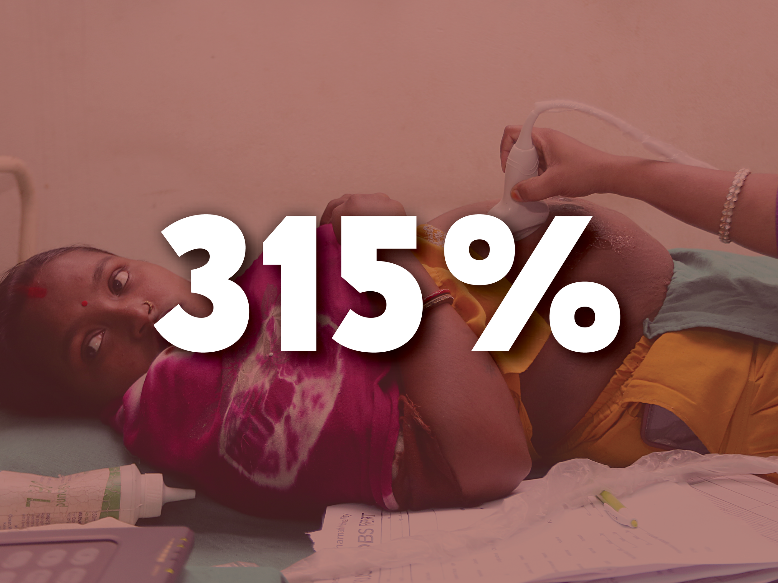 "315%" over a photo of a pregnant woman receiving an ultrasound.