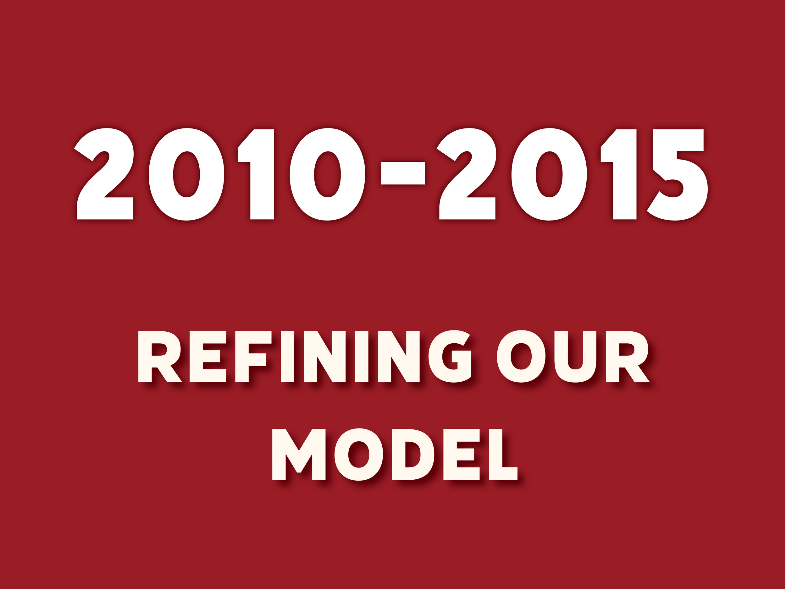 Burgundy background color with text overlaid that says: "2010-2015 Refining Our Model"