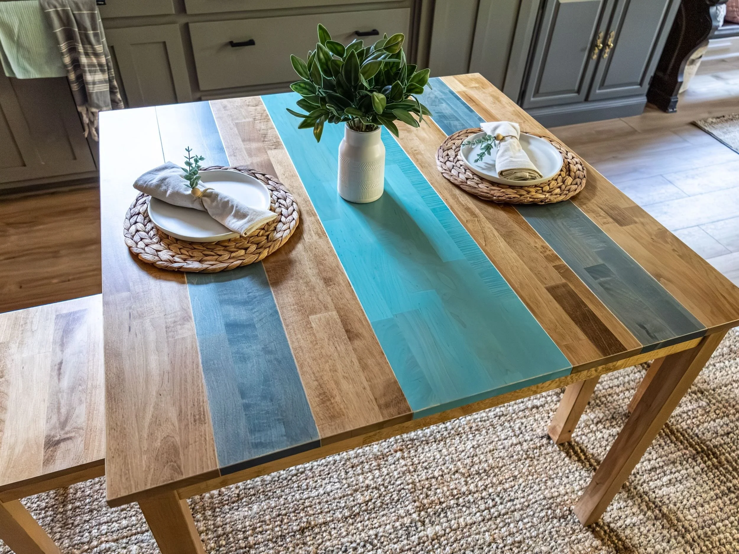 The Bella - Solid Hardwood Dining Table with Blue and Aqua/Turquoise Stain