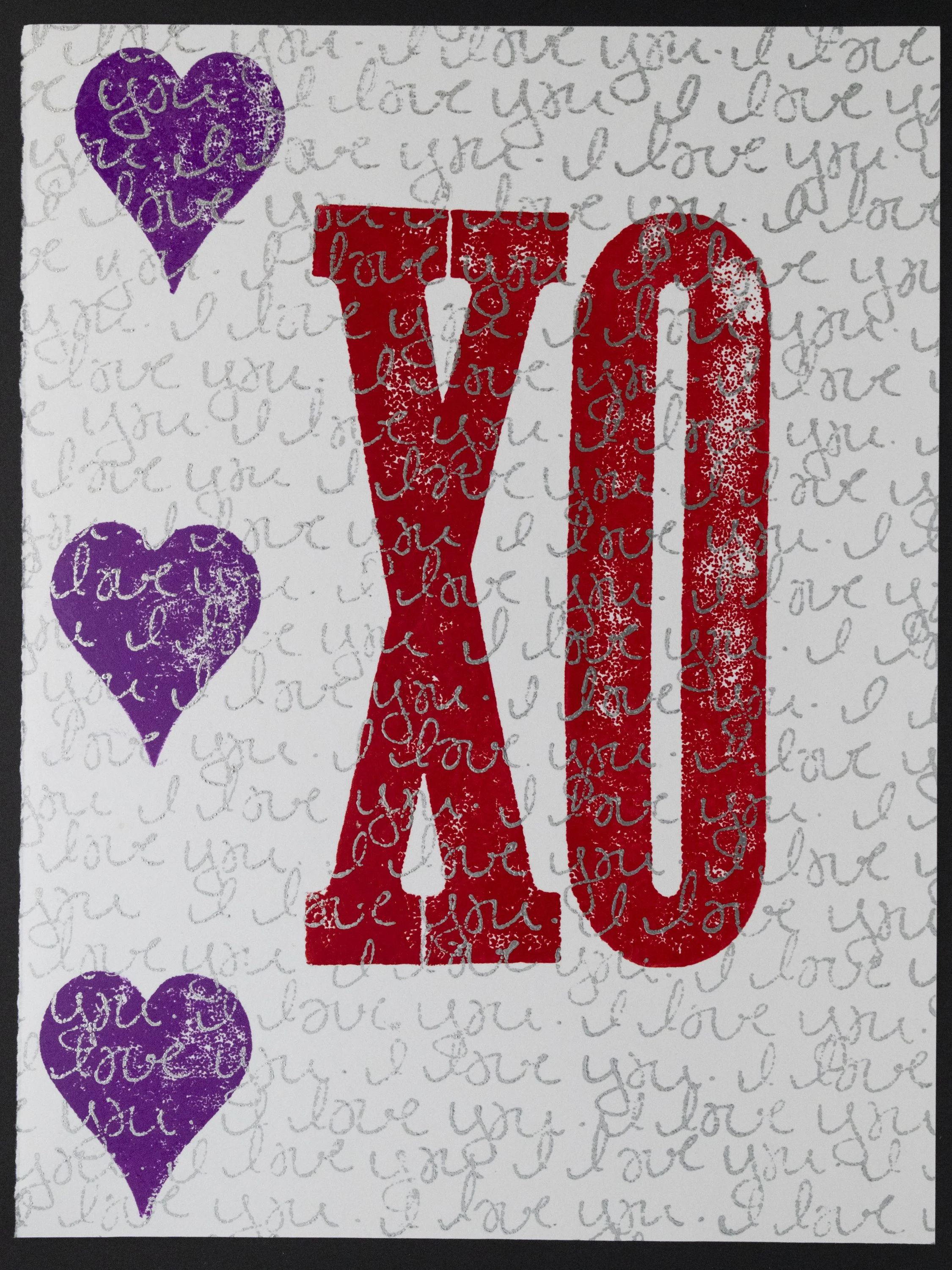 I've been waiting to use on my home press a photopolymer plate I made with the words 'I love you' ever since I first used it on a Wheeler print I did back at the Black Rock Press. 01/30/2025