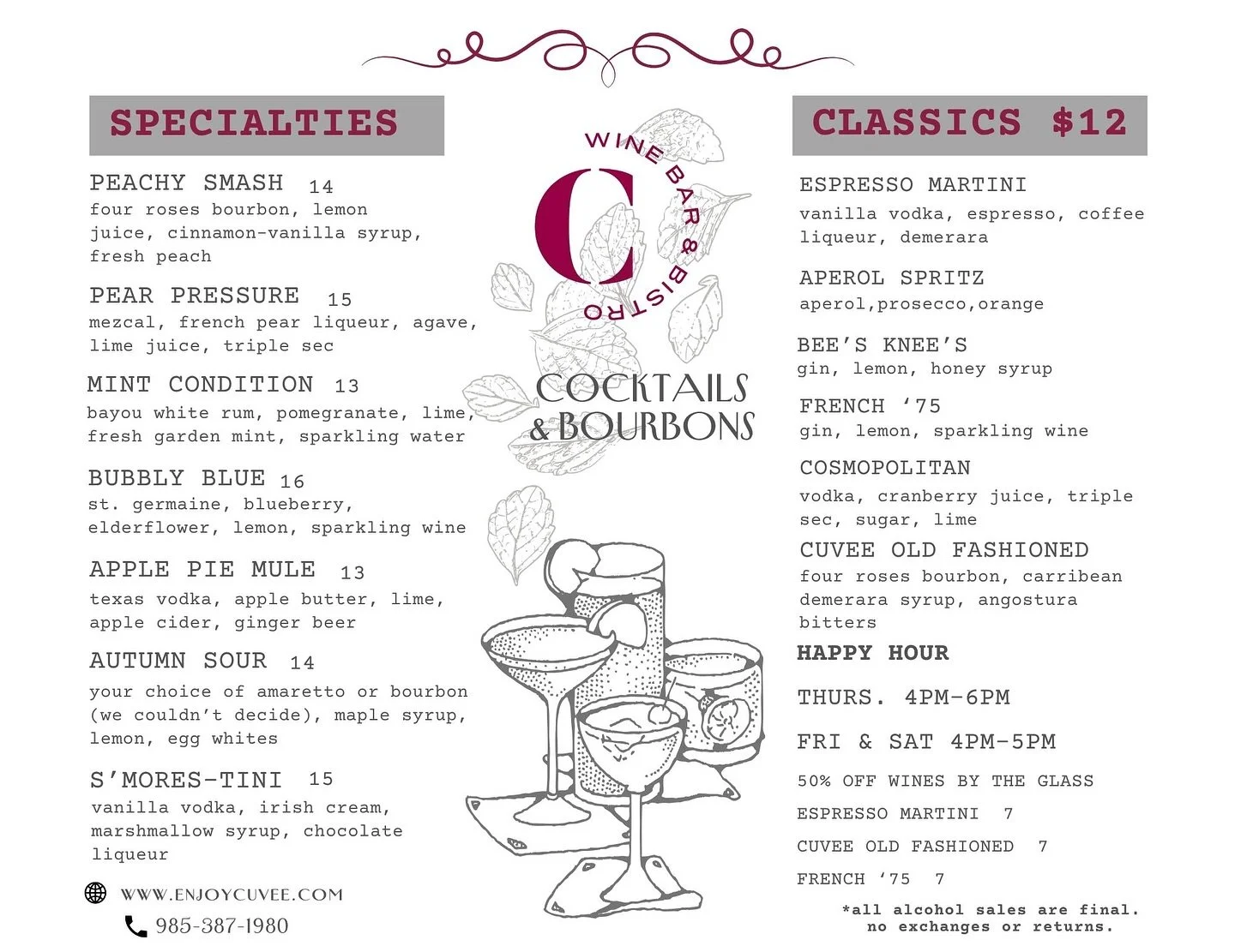 Sip into the season with our new fall cocktails: Pear Pressure, Mint Condition, Autumn Sour, and more. ✨
Doors open at 5 PM for dinner—walk-ins welcome.