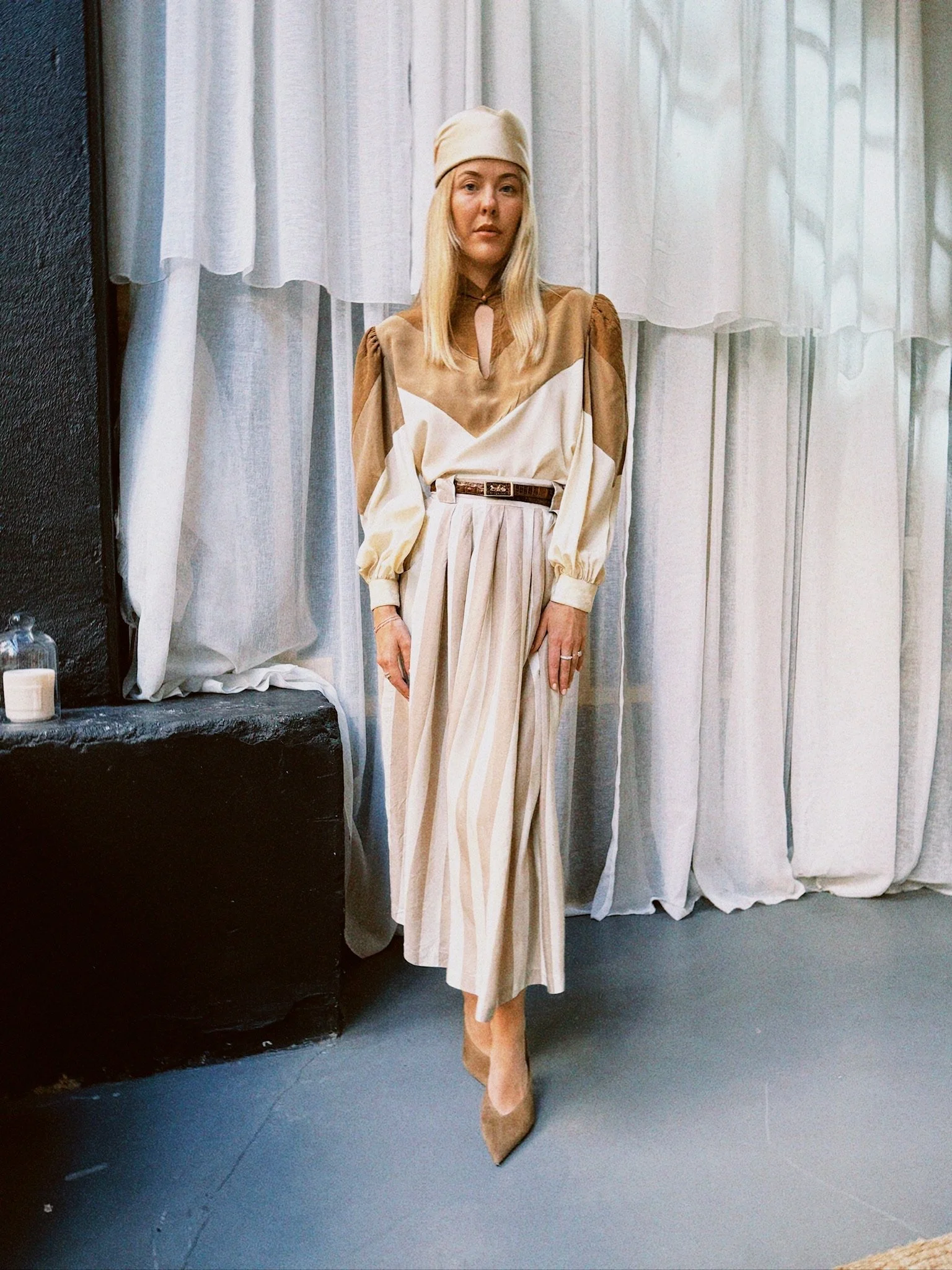 Skjørt silke striper beige/hvit