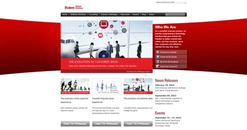 Screenshot of a corporate website homepage for Sabre, featuring a navigation menu, a section titled "Who We Are" with a description, a banner about customer data evolution, news release dates, and upcoming events.