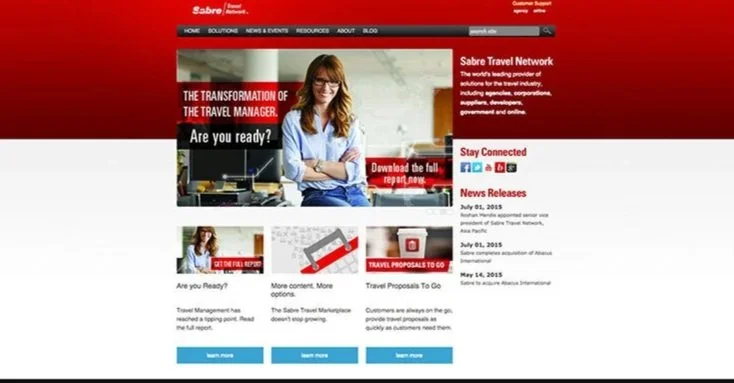 Screenshot of Sabre Travel Network website homepage with navigational menu, promotional banner, and news updates.