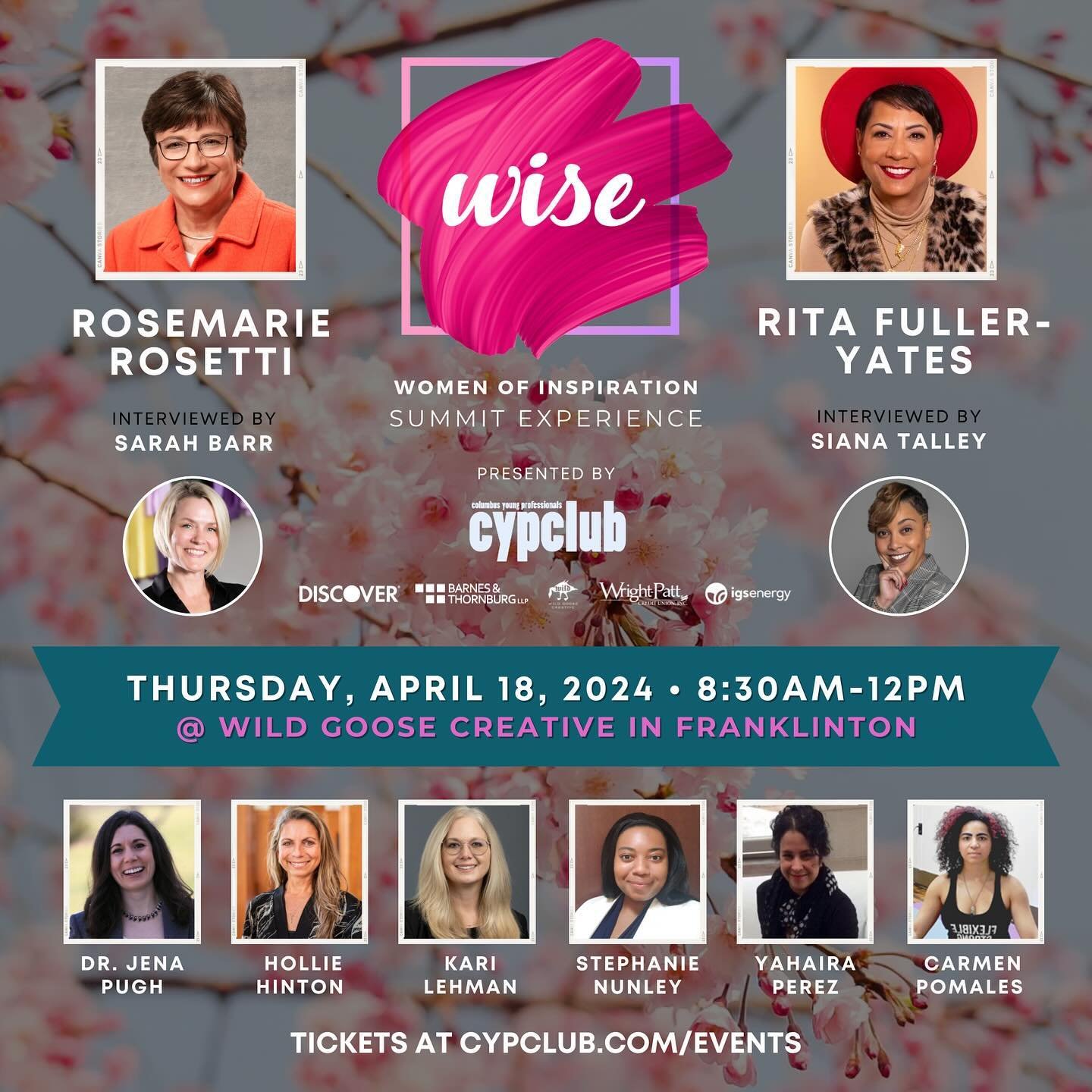 On Thursday, we&rsquo;re back with another edition of our Women of Inspiration Summit Experience (WISE)!! Our theme is &ldquo;Empowerment&rdquo; and here&rsquo;s the full lineup of speakers &amp; panelists for April 18th from 8:30am-12pm at @WildGoos