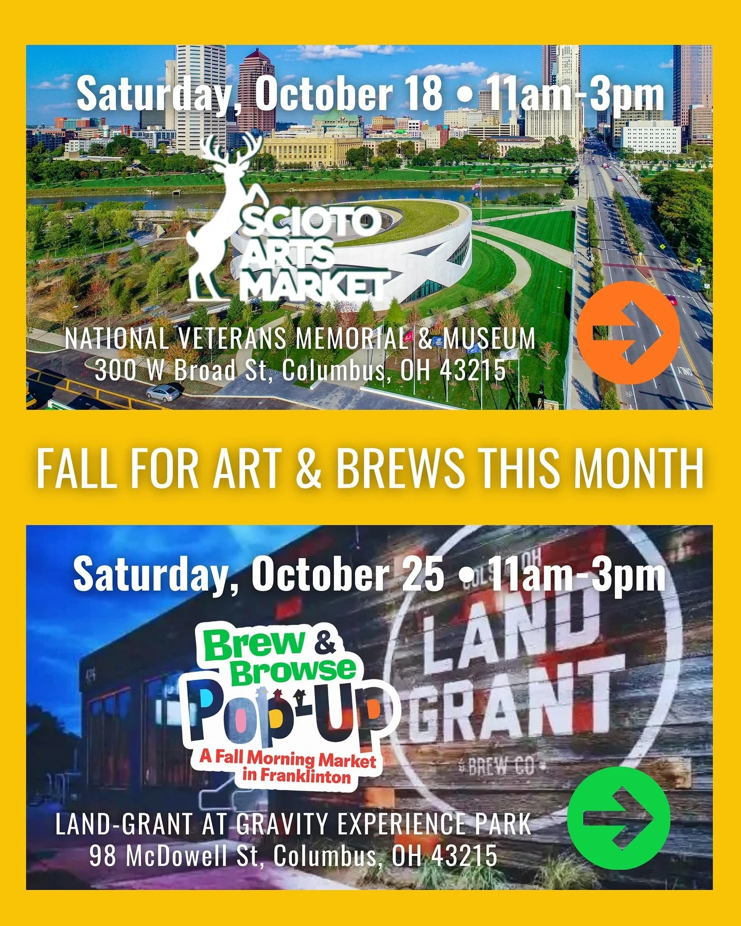 🍂 Fall Fun Alert! 🍂

Grab your friends, family, neighbors&hellip; and even your pups! We&rsquo;re hosting two weekends of local flavor, shopping, and good vibes and you&rsquo;re invited to join us:

🎨 Scioto Arts Market &ndash; 10/18 from 11am-3pm