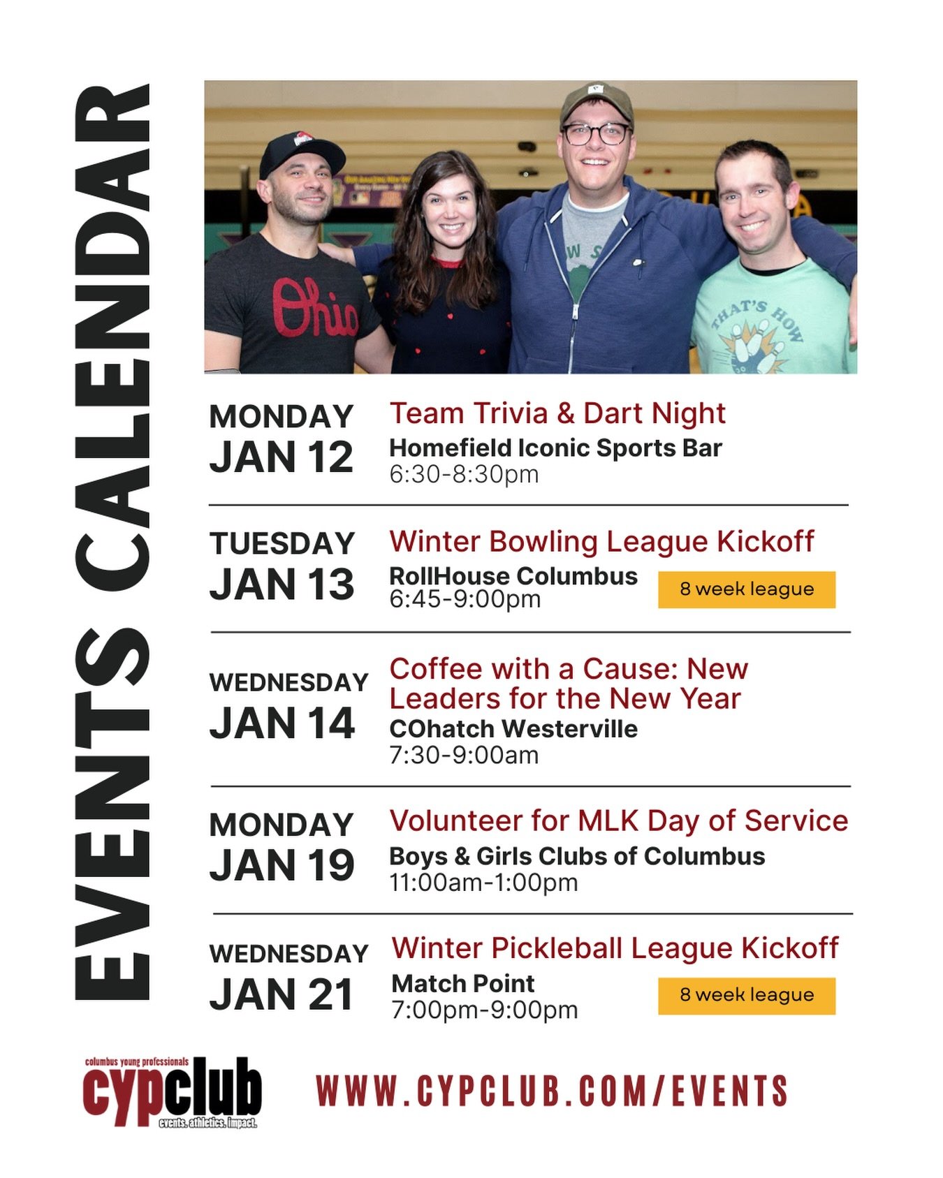 A new year always brings fresh energy and at the #CYPClub, 2026 is about creating more ways to help lift up, level up, and get to know the city we call home. Check out our January lineup:

🎯 Jan. 12: Team Trivia &amp; Dart Night at Homefield
Kick of