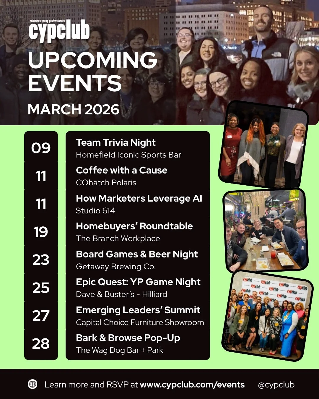 March is here and the CYP calendar is officially in full swing. 🎉

With 8 events across the city this month &mdash; including the Columbus Emerging Leaders&rsquo; Summit with 33 speakers and 150+ tickets already sold &mdash; there are plenty of ways