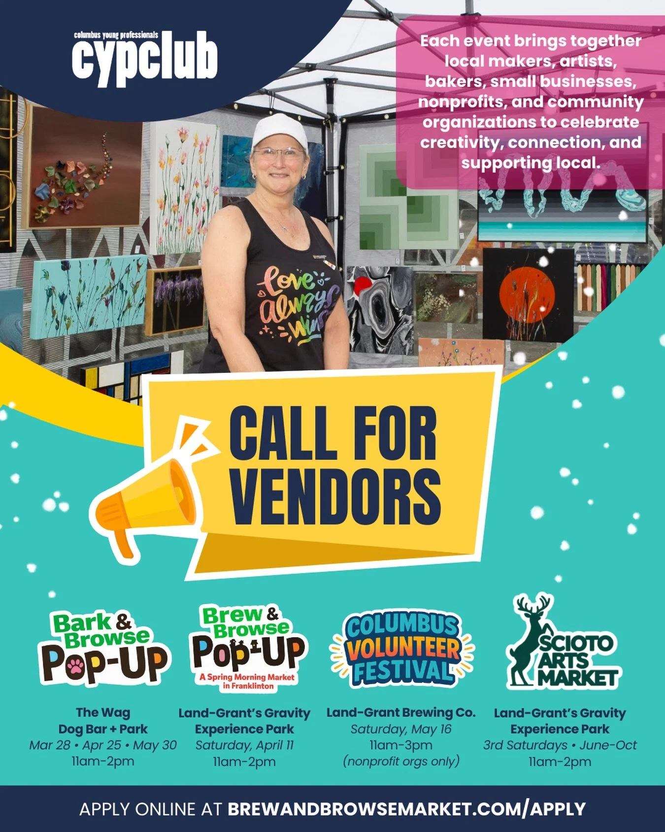 CALL FOR VENDORS &ndash; Columbus Spring Markets

We&rsquo;re now accepting vendor applications for several upcoming community markets hosted by the CYP Club this spring.

🐾 Bark &amp; Browse @ The Wag (@thewagcbus)
🍻 Brew &amp; Browse @ Land-Grant