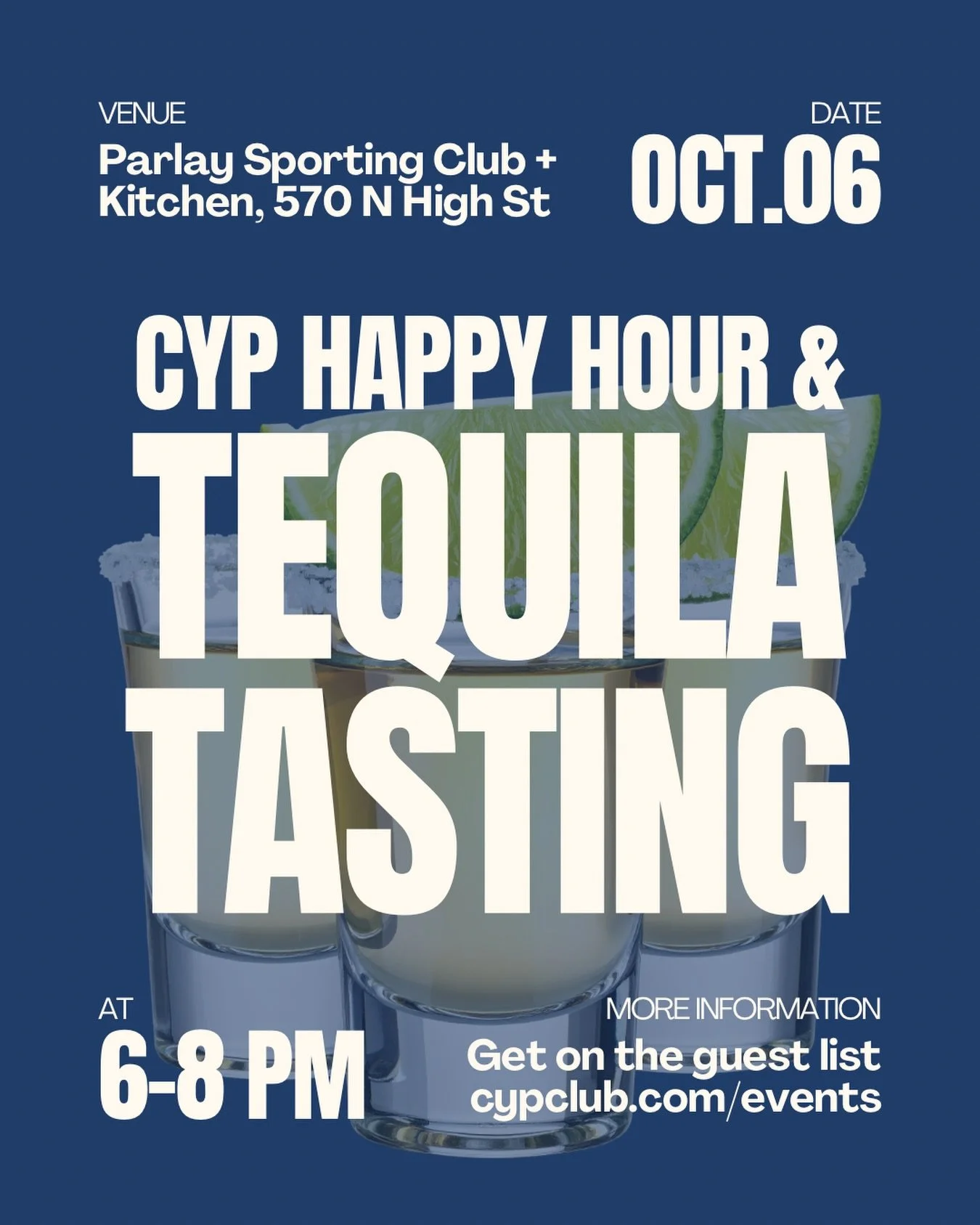 Happy Hour + tequila tasting = a pretty good Tuesday. 🍋&zwj;🟩

Join us on Tuesday, October 6 from 6-8 PM at @ParlayColumbus in the Short North for a casual after-work social designed to make meeting new people easy.

Come on your own, bring a frien