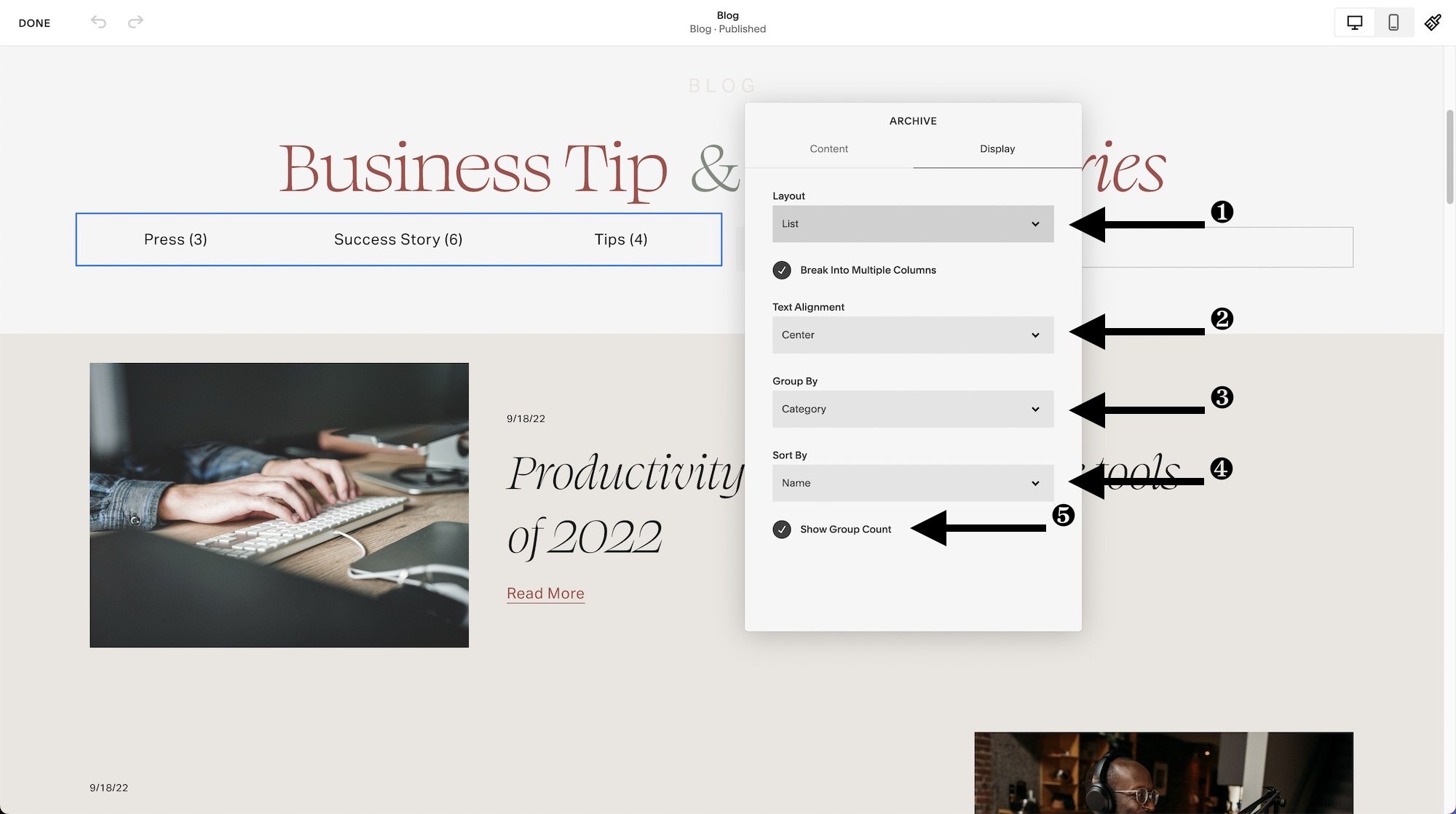 Archive Block - choose the List design layout options