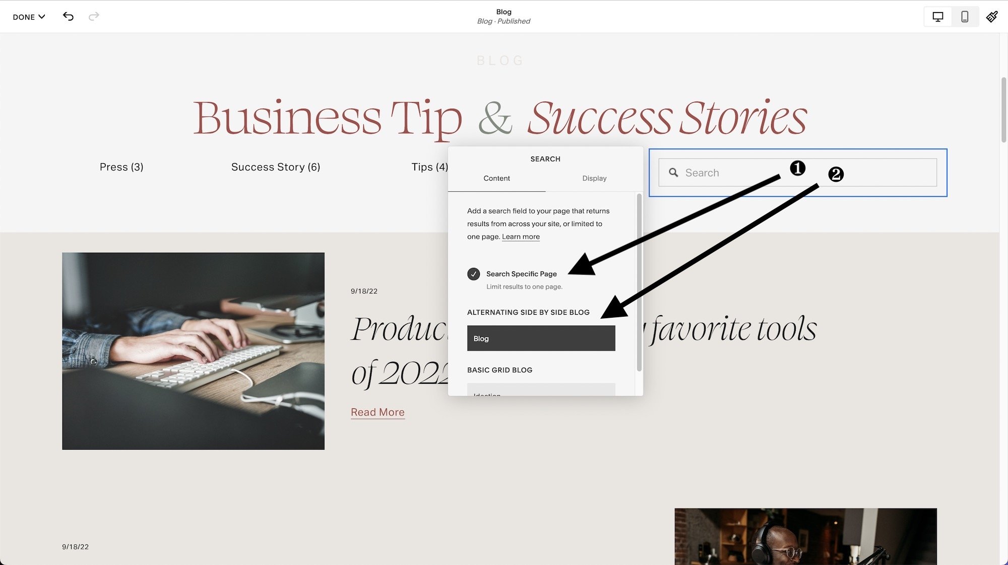 Search Block - choose a data source (to search a specific page or collection only)