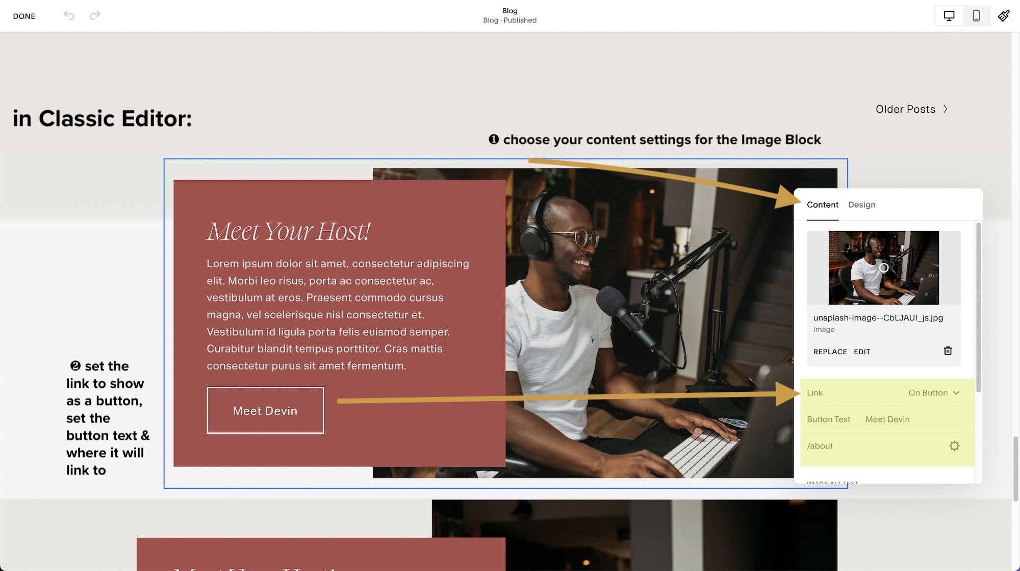 Classic Editor - set the block's link settings, under Content