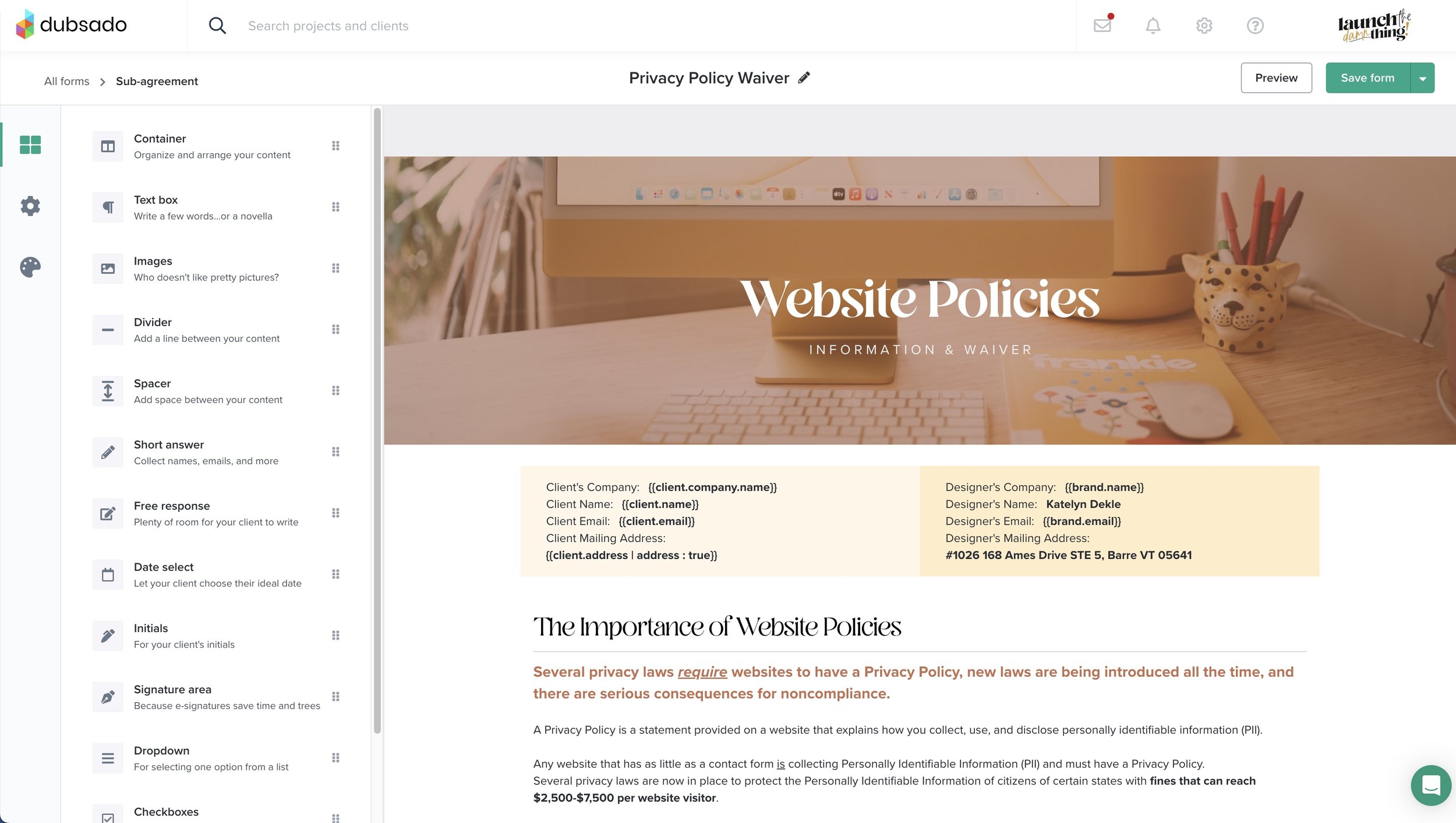 Website Policies Waiver, Sub-Agreement