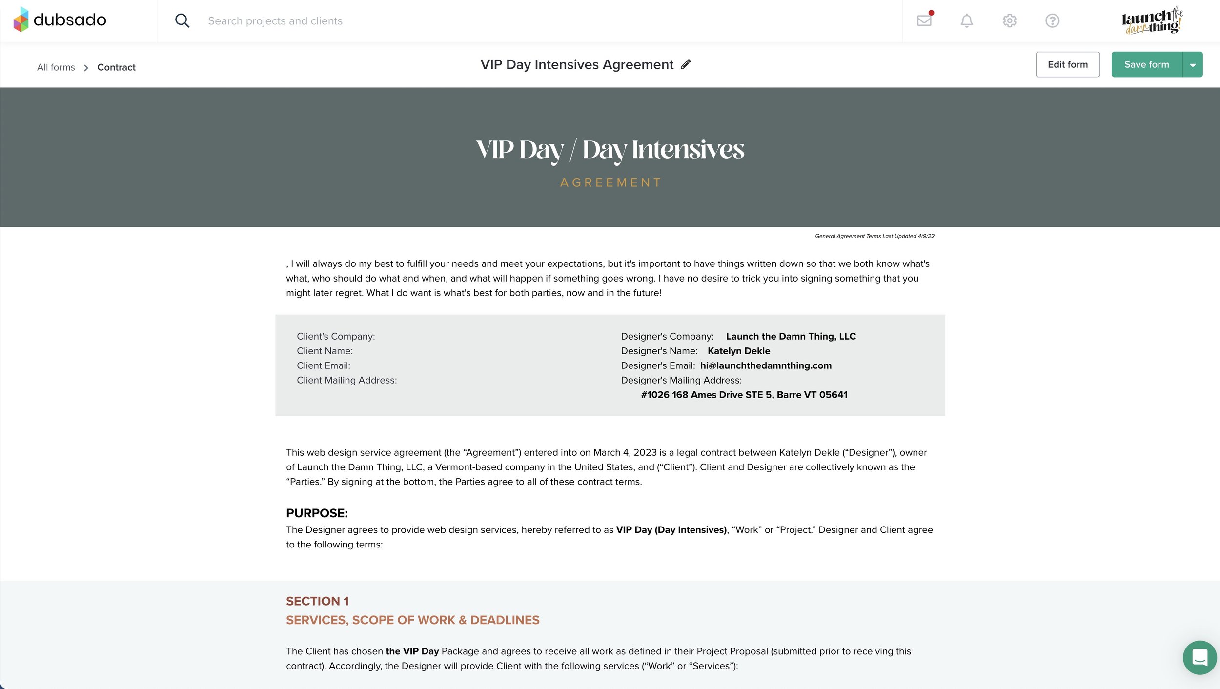 VIP Design Day Intensive, Contract