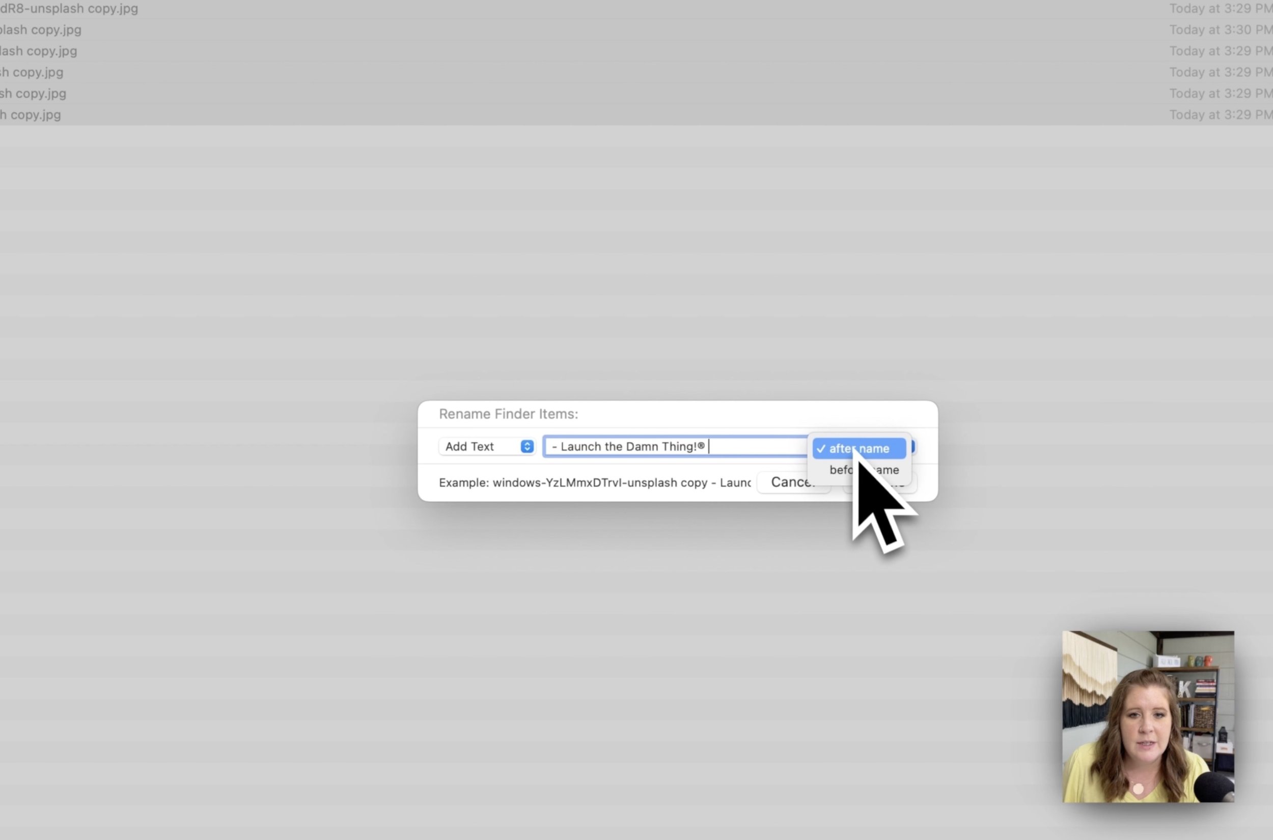 Step 4 (Add Text) - choose to add before or after existing file names