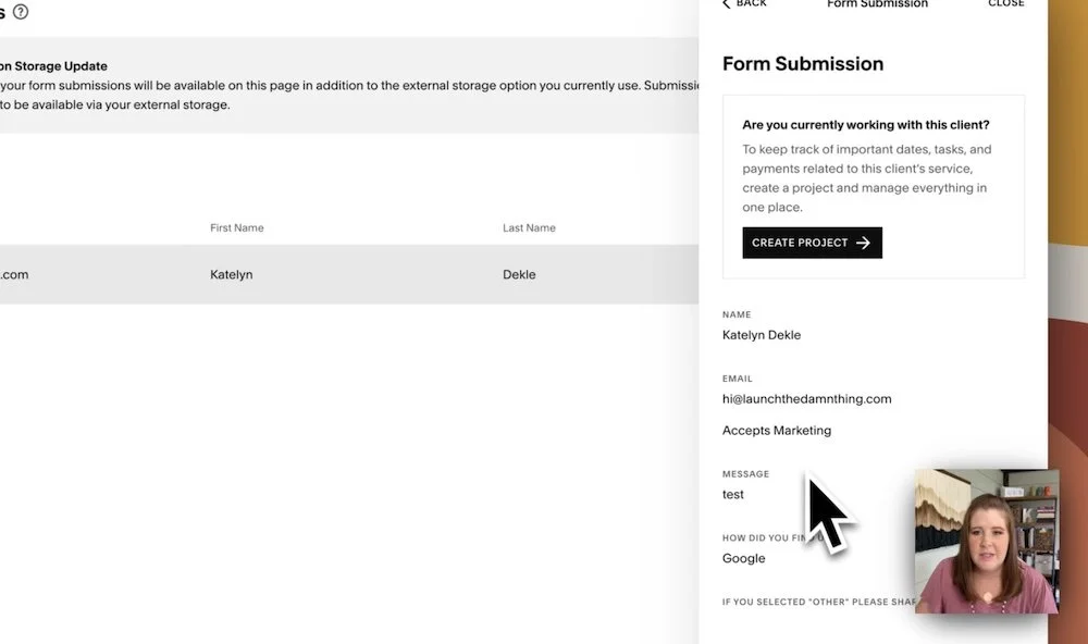The form submission information, and a quick link to Create Project