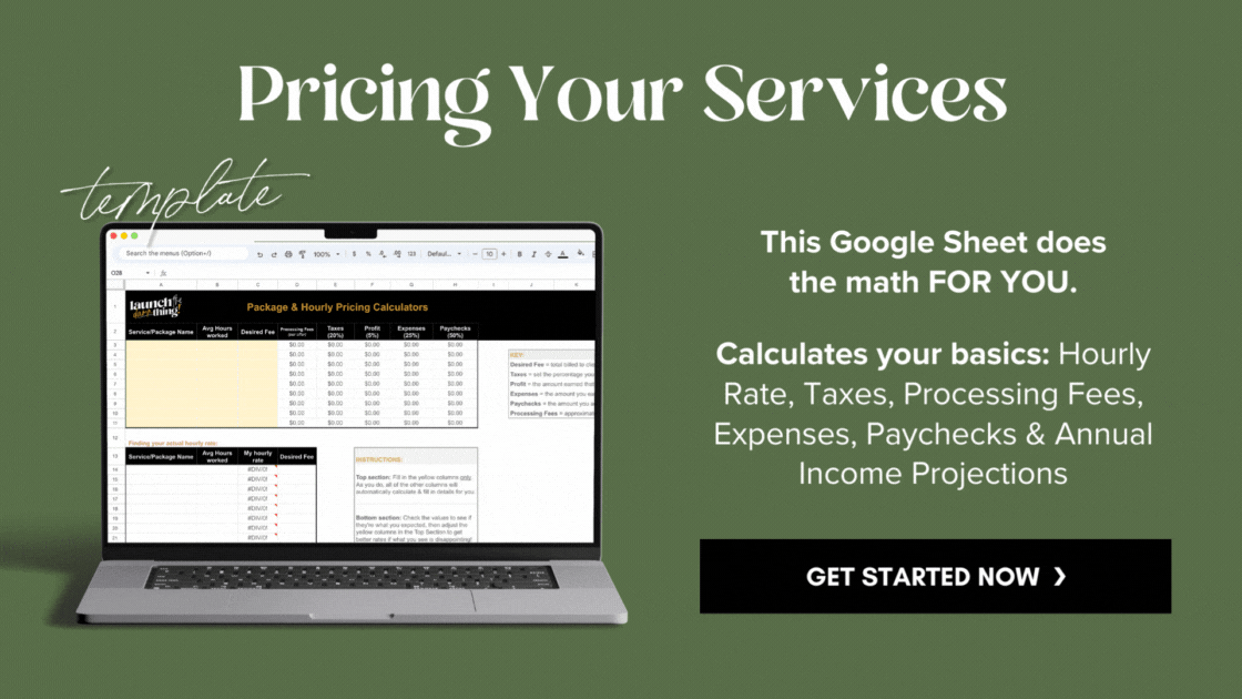 Ad: A template that helps you calculate your hourly rate, basic taxes, expenses, paychecks & annual income projects –automatically!