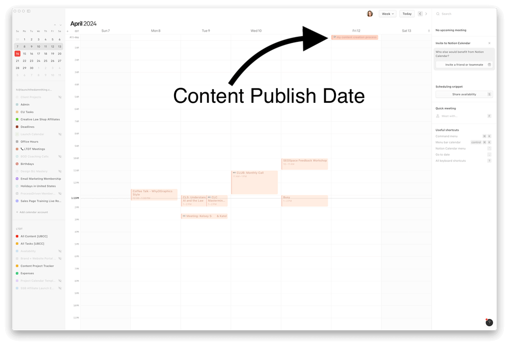 Content Publish Dates alongside Google Calendar events in Notion Calendar