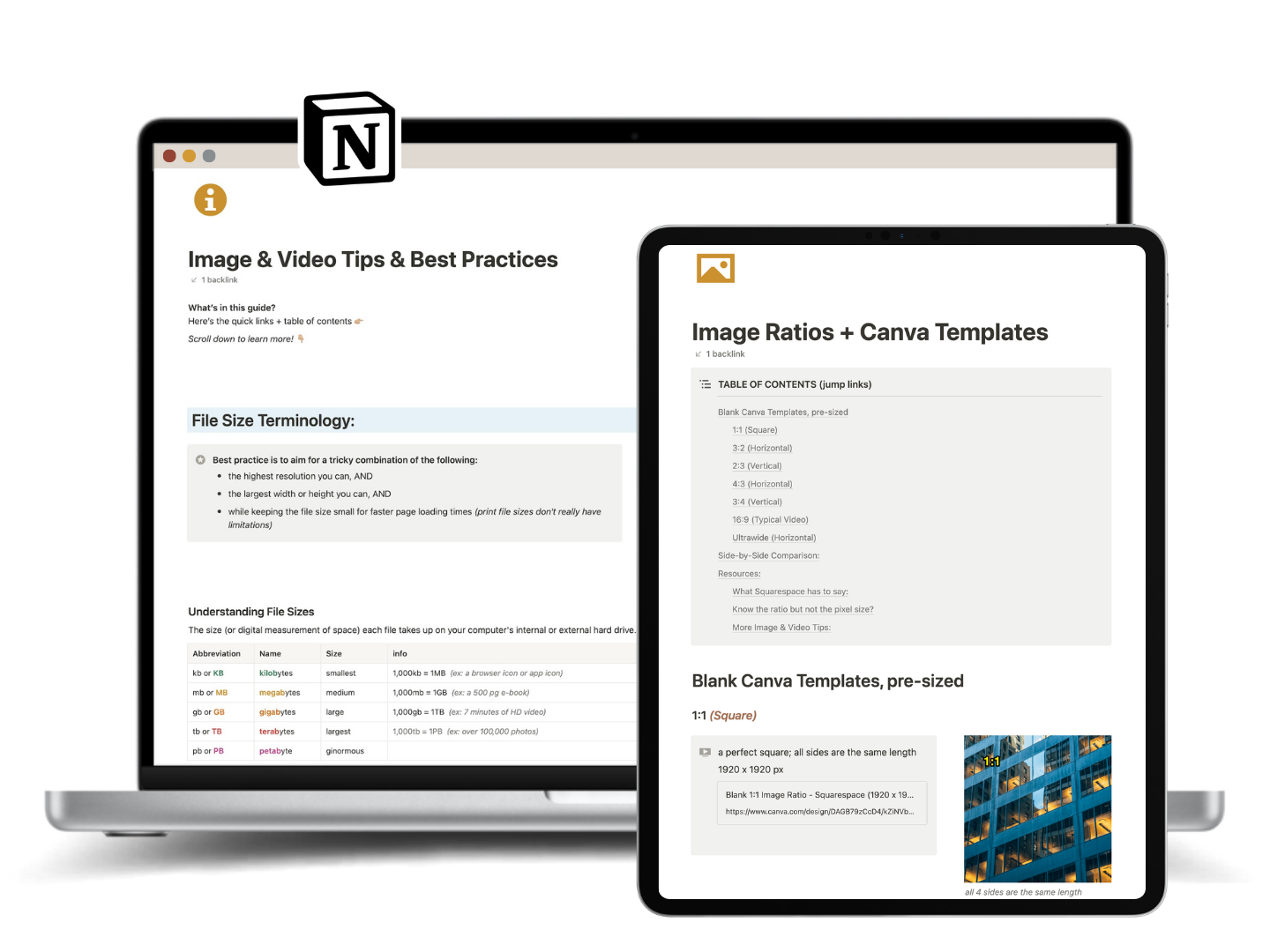mockup of the Notion guide pages on a laptop & tablet