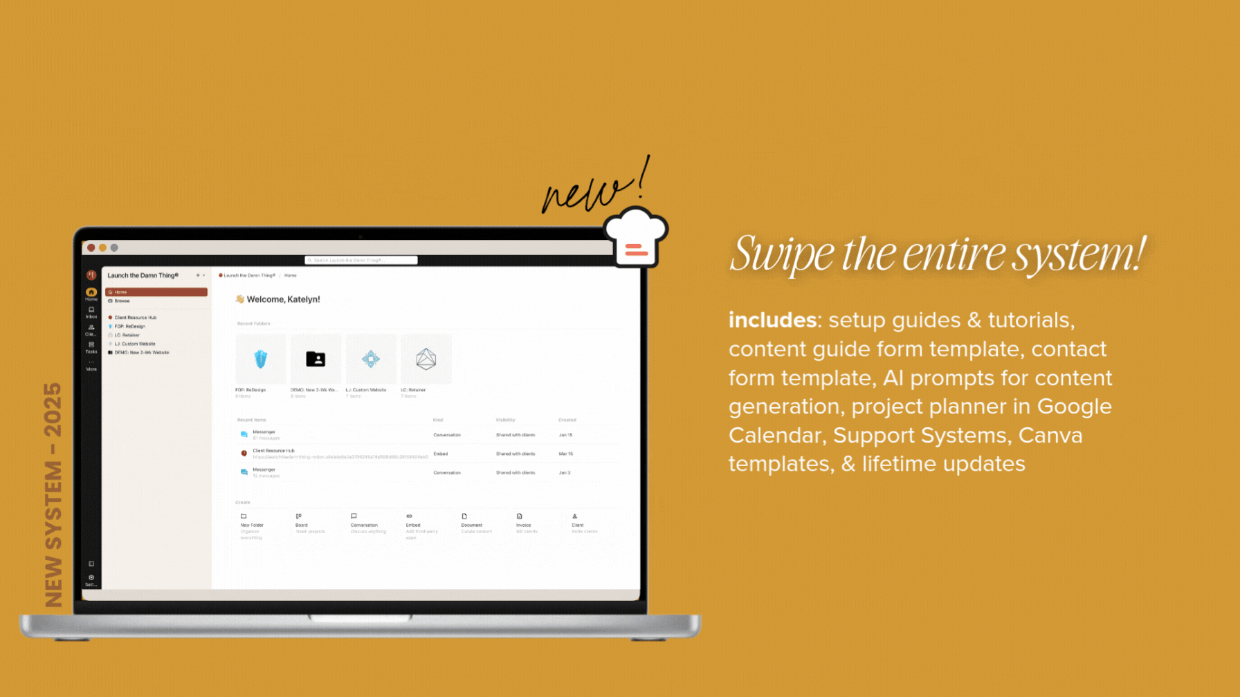 A digital graphic promoting a new software system called 'Launch the Damn Thing'. It features a laptop screen displaying a user interface with menus and icons. The background is a gradient of yellow and orange, with text explaining the system's features and a small chef's hat icon with the word 'new!' above it.