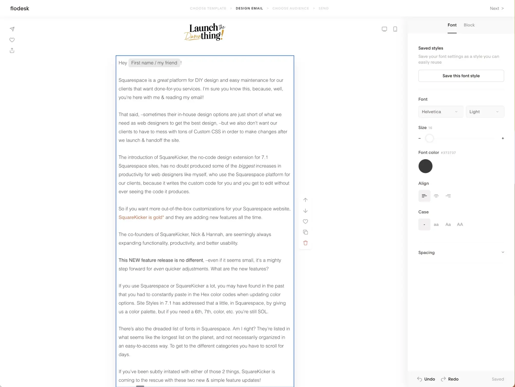 screenshot of Flodesk's email editor UI, from 2026