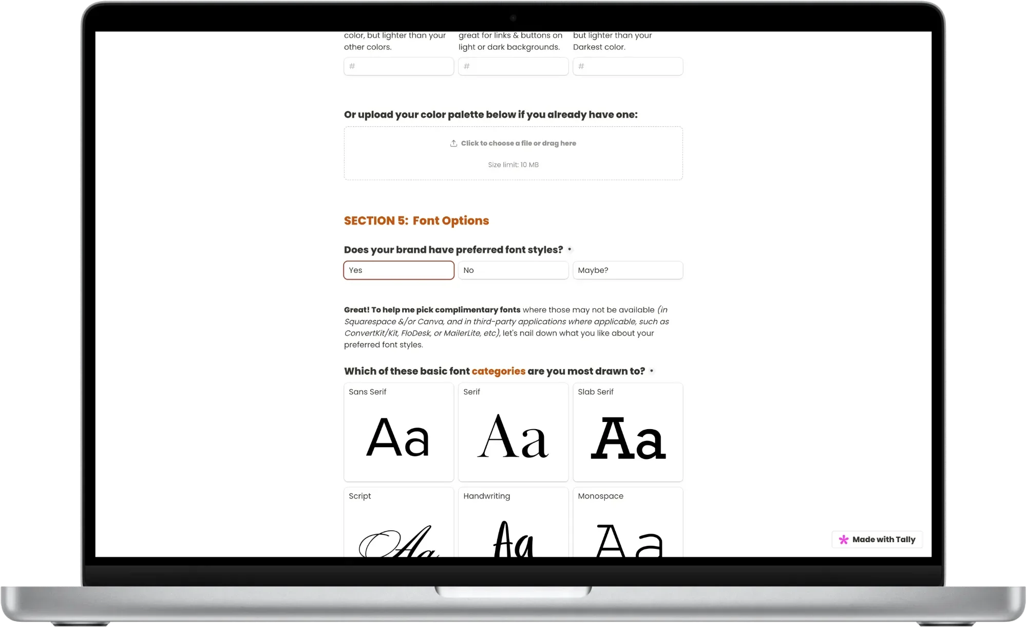 screenshot of the section which collects their font-related preferences