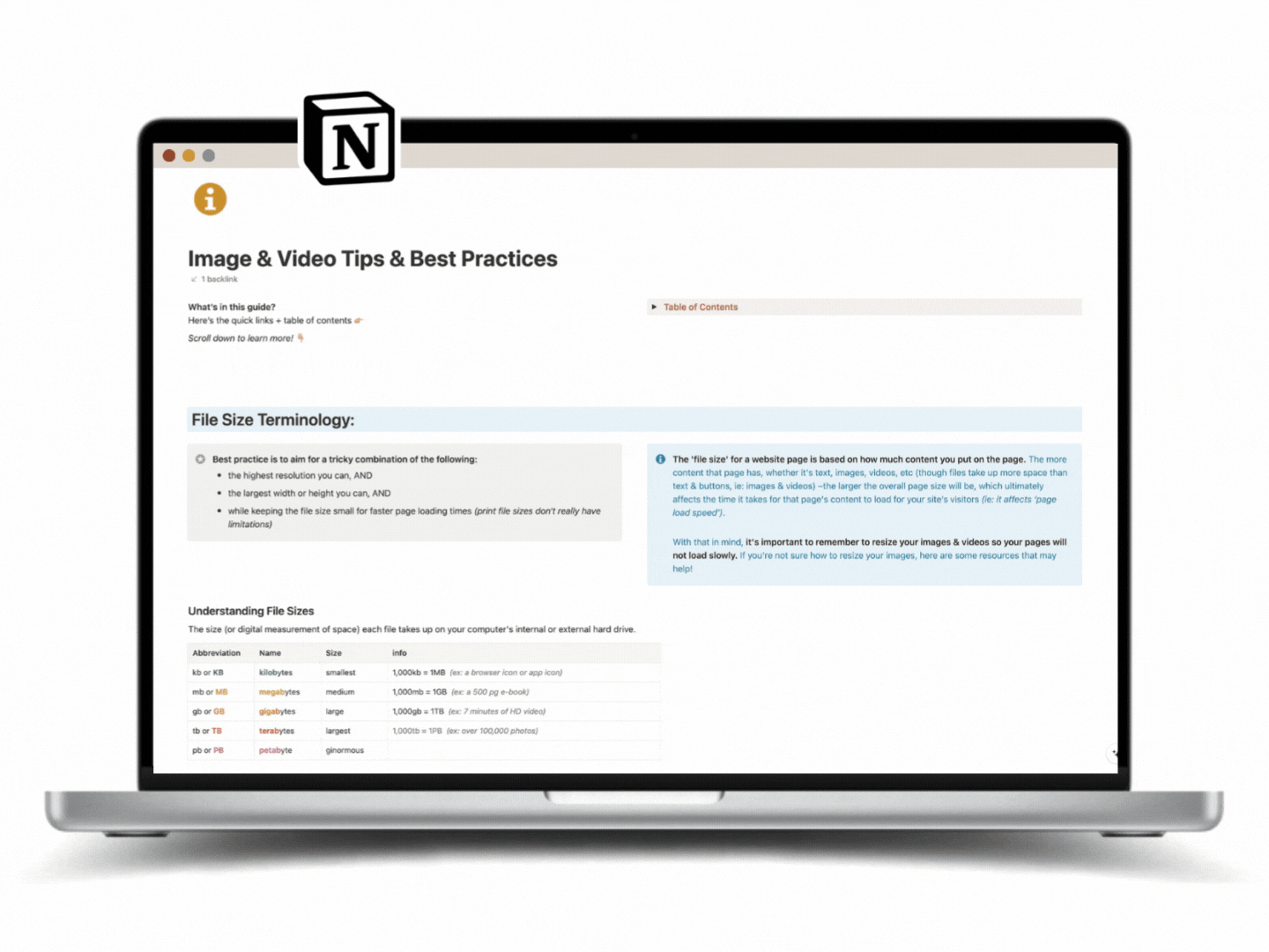 Laptop displaying a Notion page titled 'Image & Video Tips & Best Practices' with sections on file size terminology and resolutions.
