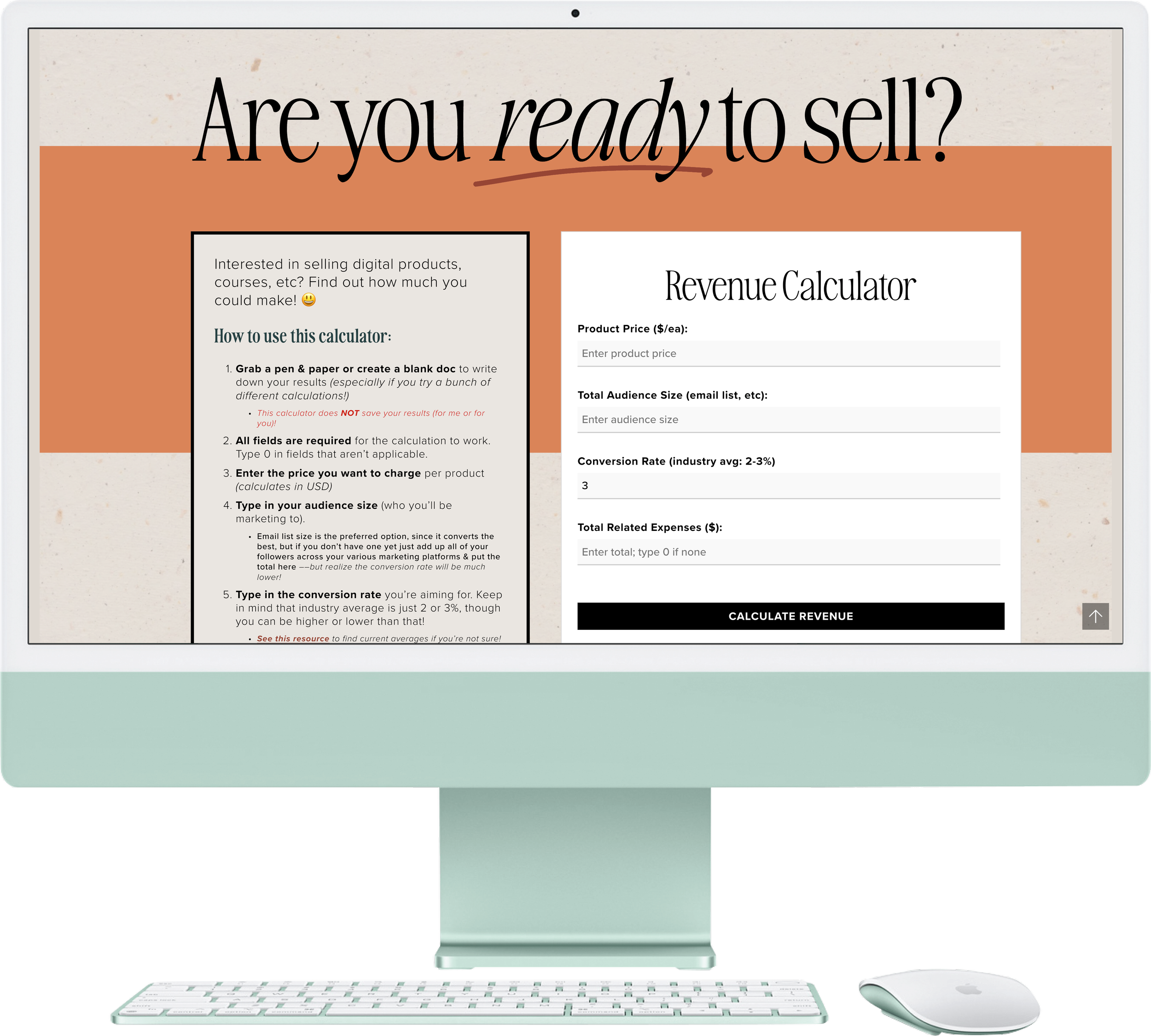 Computer mockup showing the Calculator page