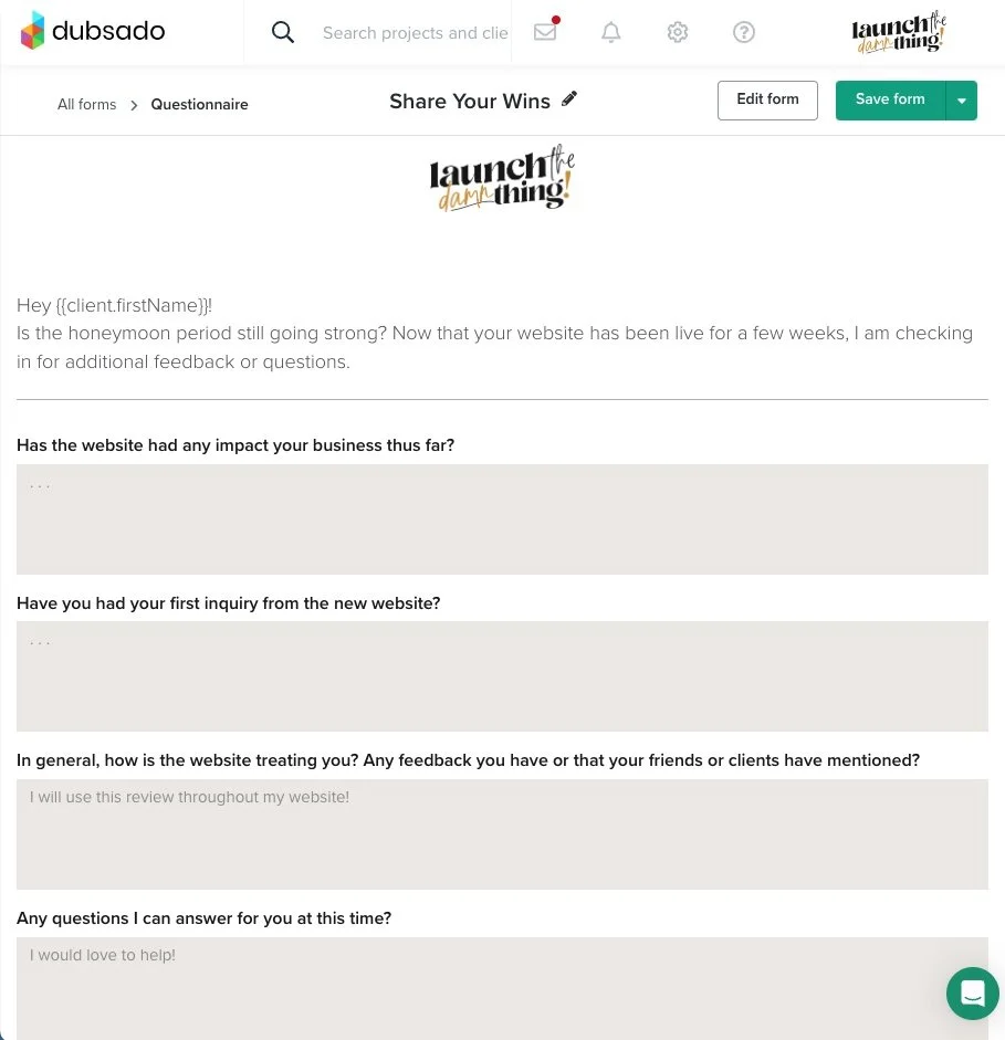 Testimonial Request, type 2 - Questionnaire