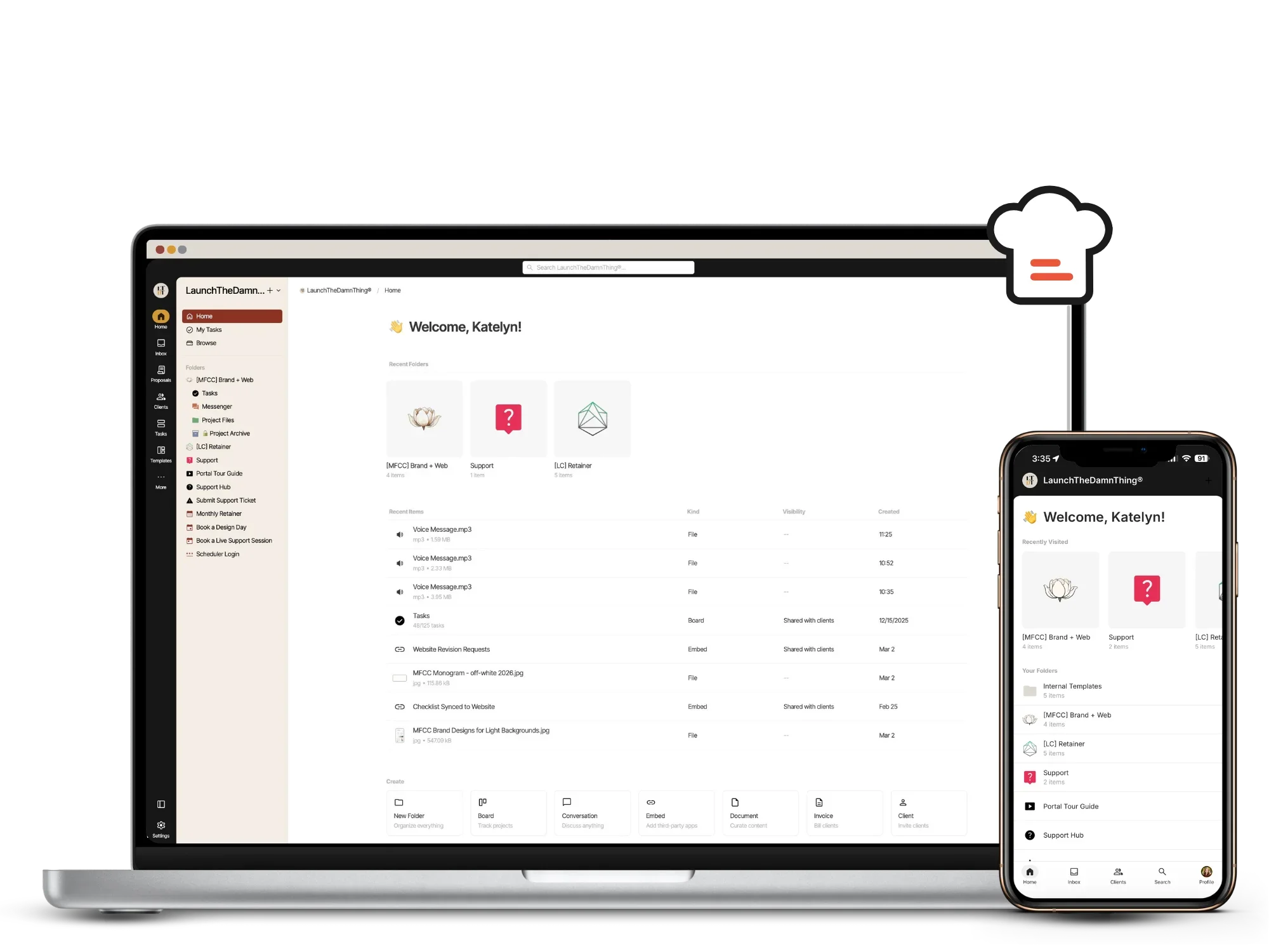 real screenshots of the client portal for web designer's 'Home Dashboard' in my Kitchen.co account