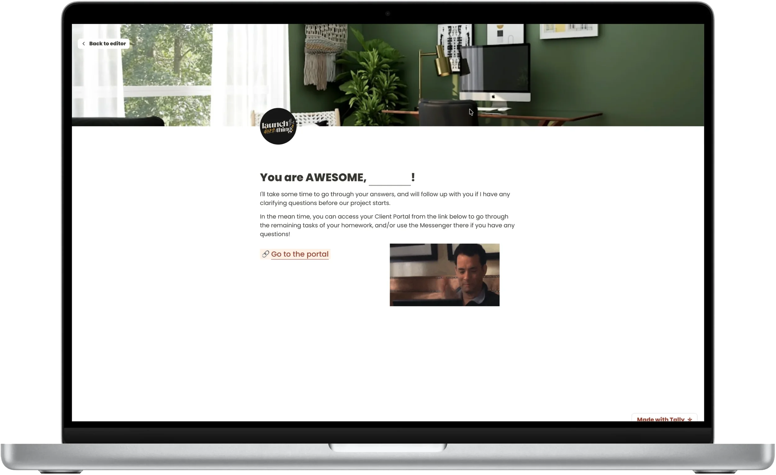 screenshot of the customized thank you page that clients see after they submit the form