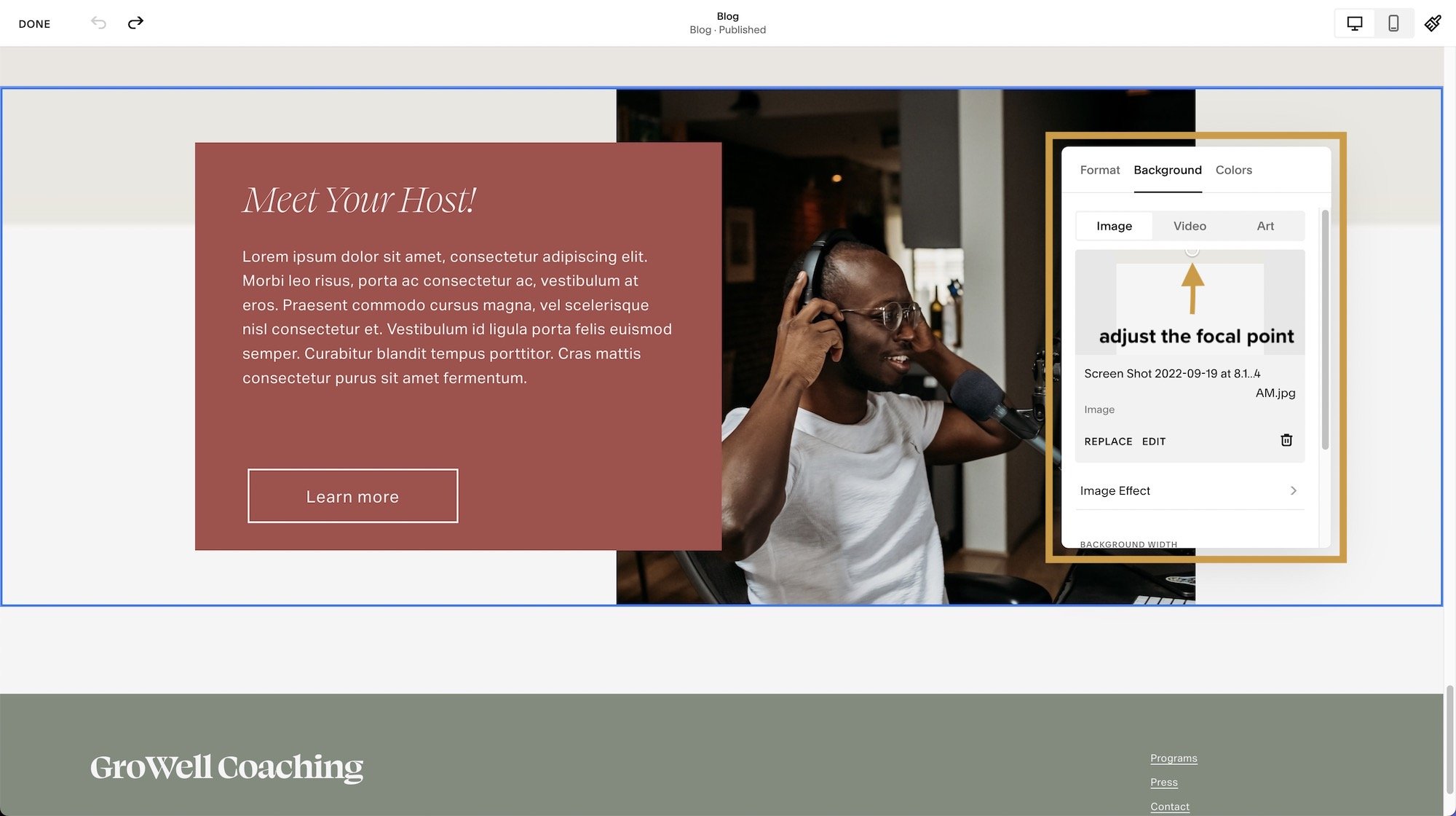 Section Settings - set the focal point where you want the image to keep centered