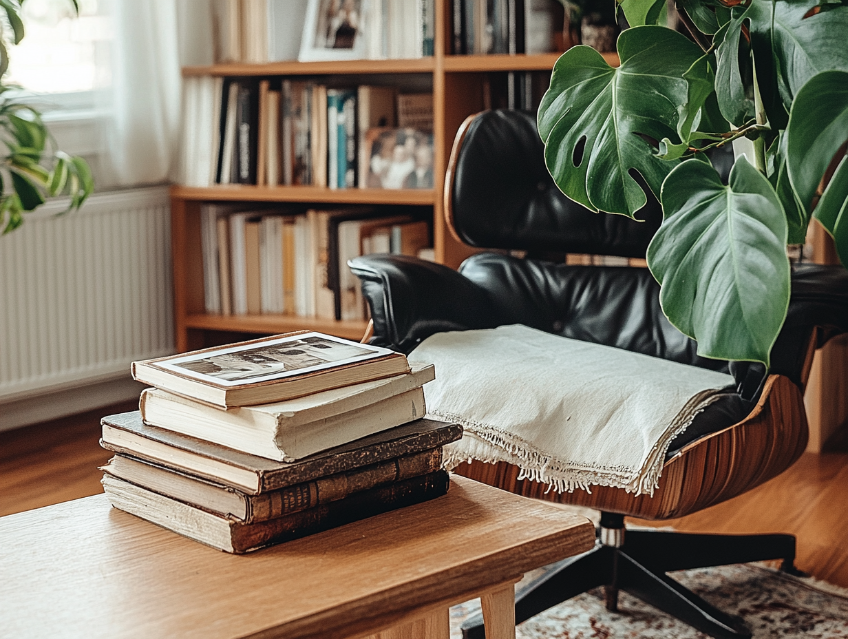 leather office chair with blanket folded on the seat, books stacked on a nearby table & bookshelf behind it