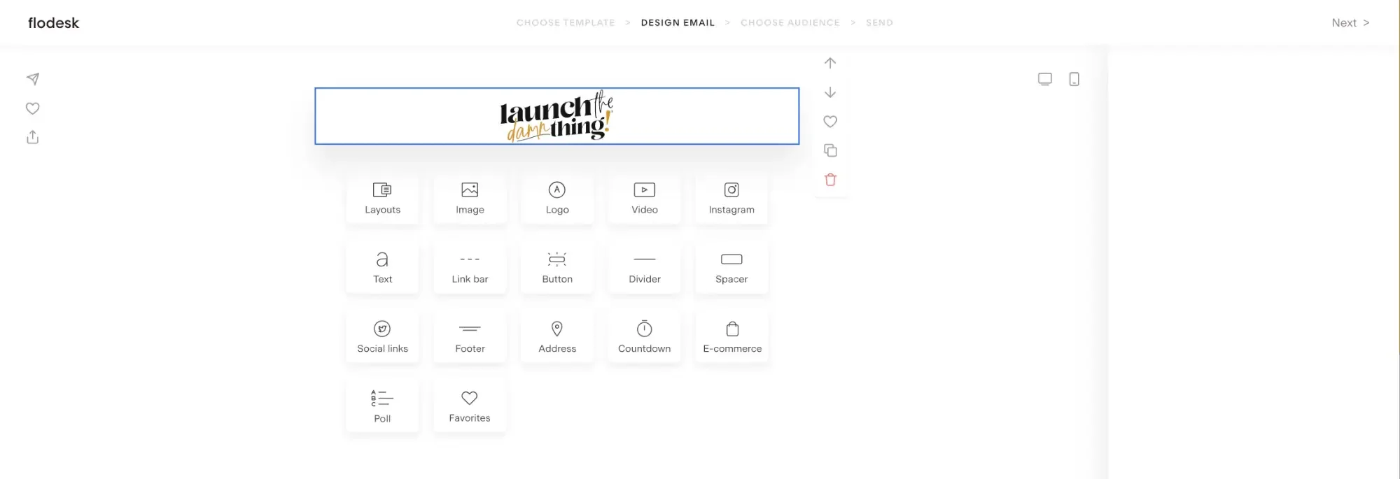 Screenshot of the header options in Flodesk’s email editor, 2026