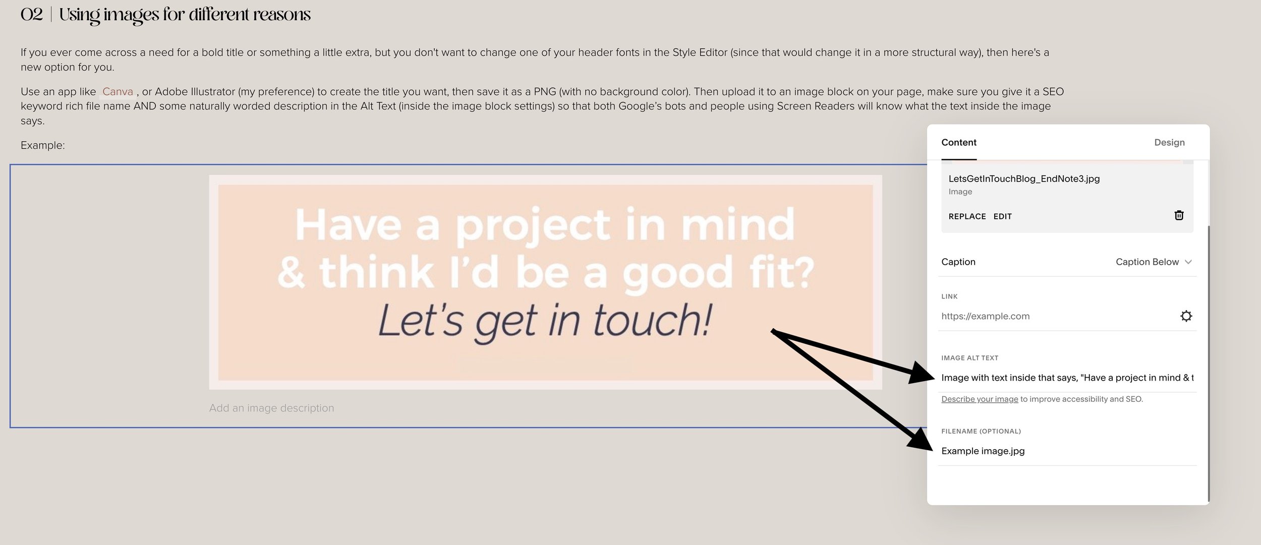 Screenshot showing how to edit the file name and Image Alt Text after uploading to Squarespace, in the Image block settings