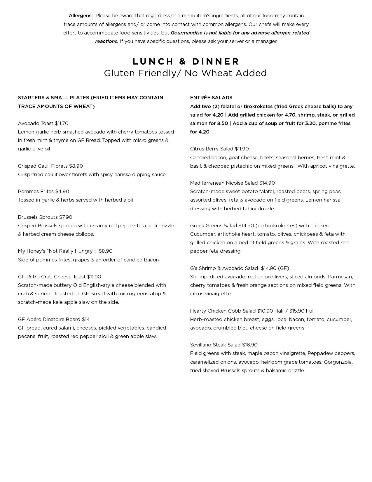 Dietary Restrictions Menu — Gourmandise